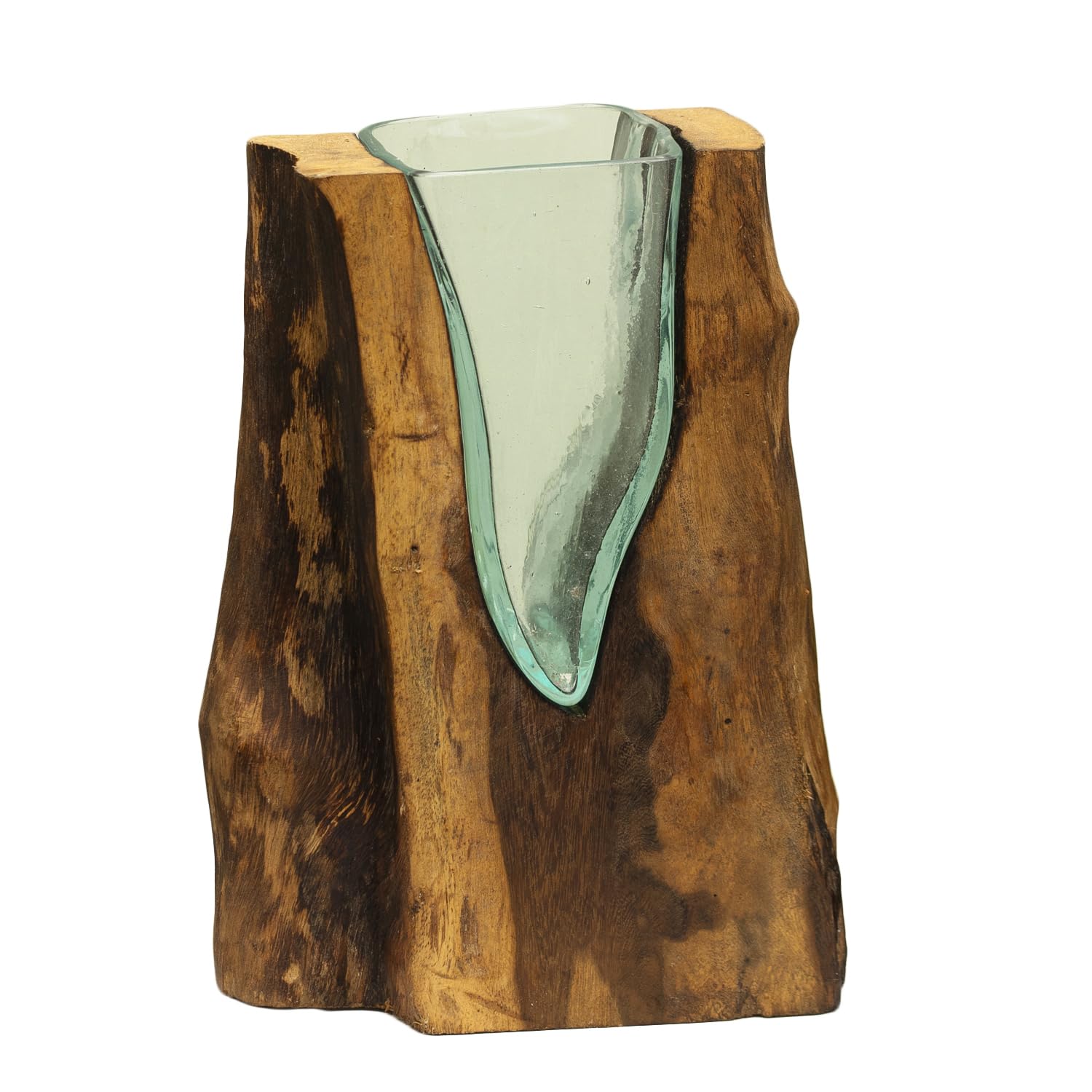 Darthome Brown, Aqua Blue Handcrafted Teak Root & Molten Lava Glass Vase, 30Cm, Natural Rustic Wood With Recycled Glass