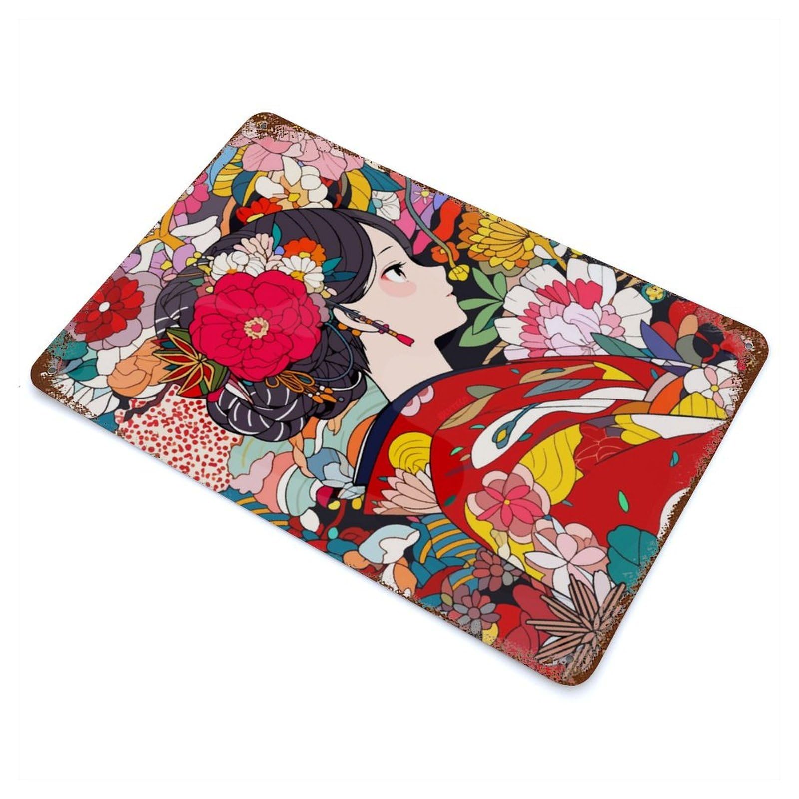 Garage Style Kimono Flowers Japan Art Rusty Metal Tin Sign 11.8"x7.9", Farmhouse Wall Decor for Bar And Workshop