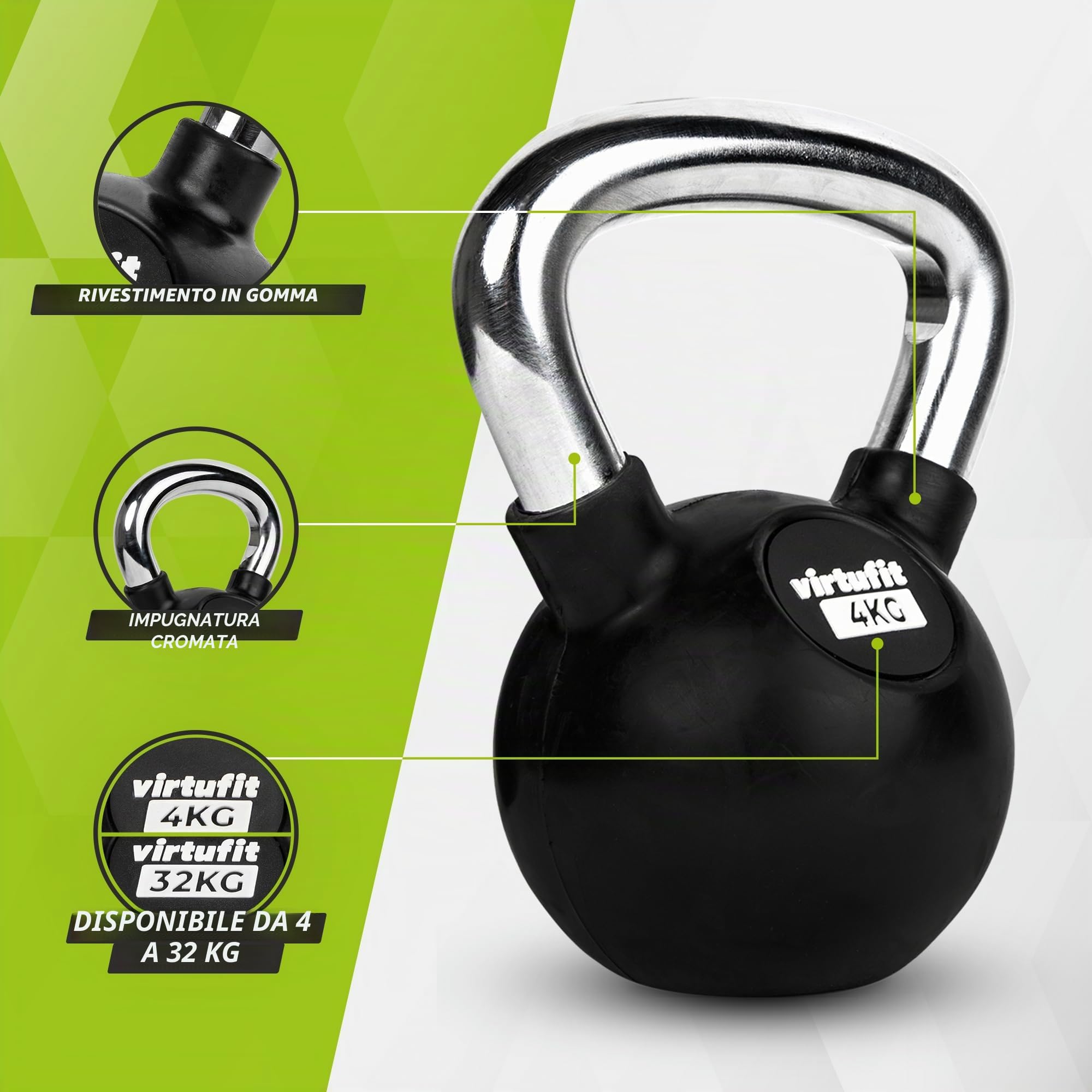 VirtuFit Kettlebell in gomma, da 4 kg fino a 32 kg
