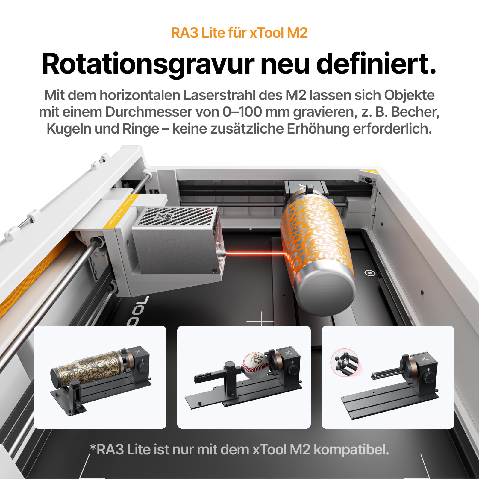 xTool RA3 Lite für xTool M2, Multifunktionales Rotationsmodul, Intelligente Rotationsgravur für Ringe, Thermobecher & Ornamente