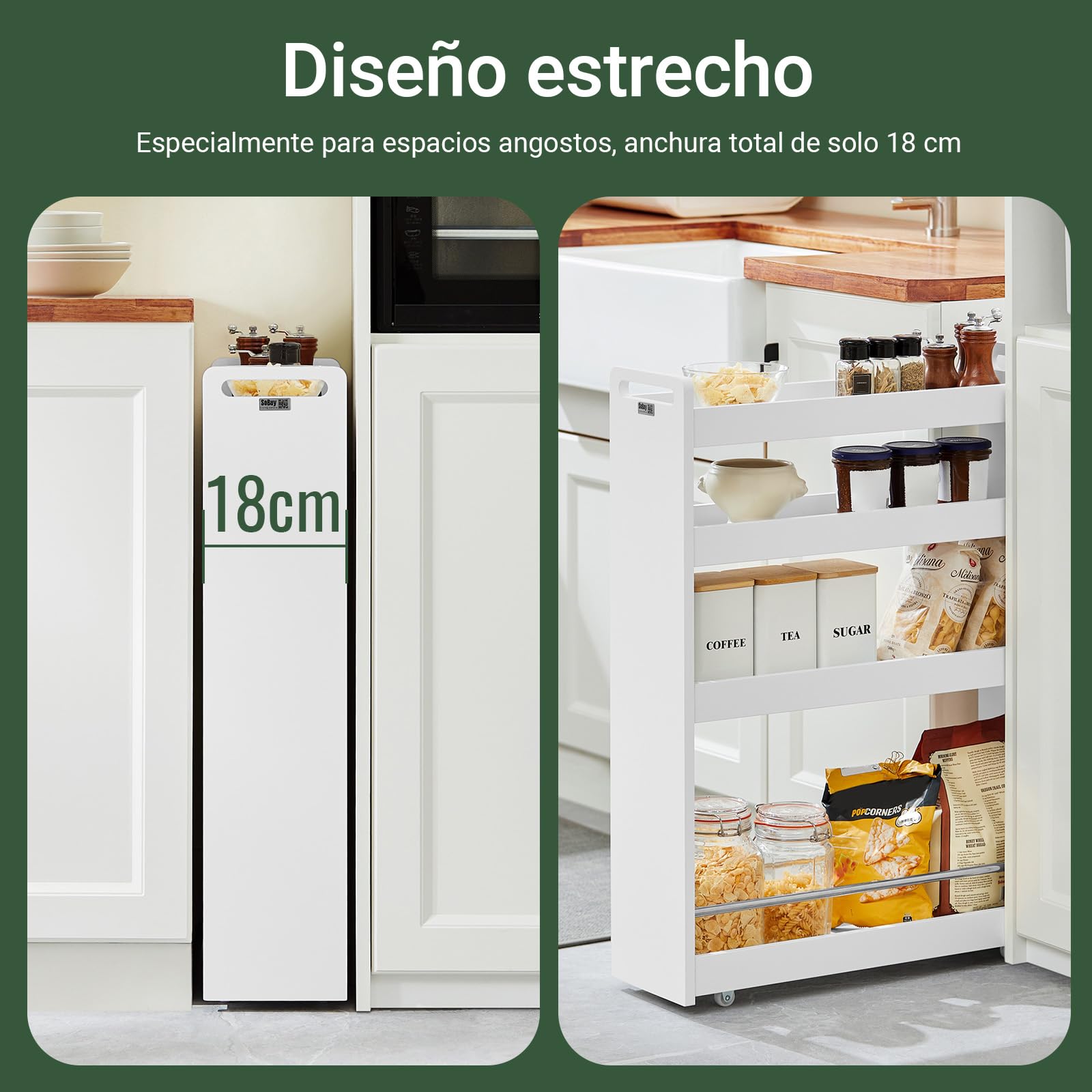 SoBuy Carro Auxiliar con Ruedas, 18cm, extraíble, 4 Niveles, 60x82x18cm | Estante Salvaspacio 4 niveles, asa & barra anticaída, carga 5 kg/nivel, fácil limpieza, MDF, cocina & baño & entrada, NSR01-W