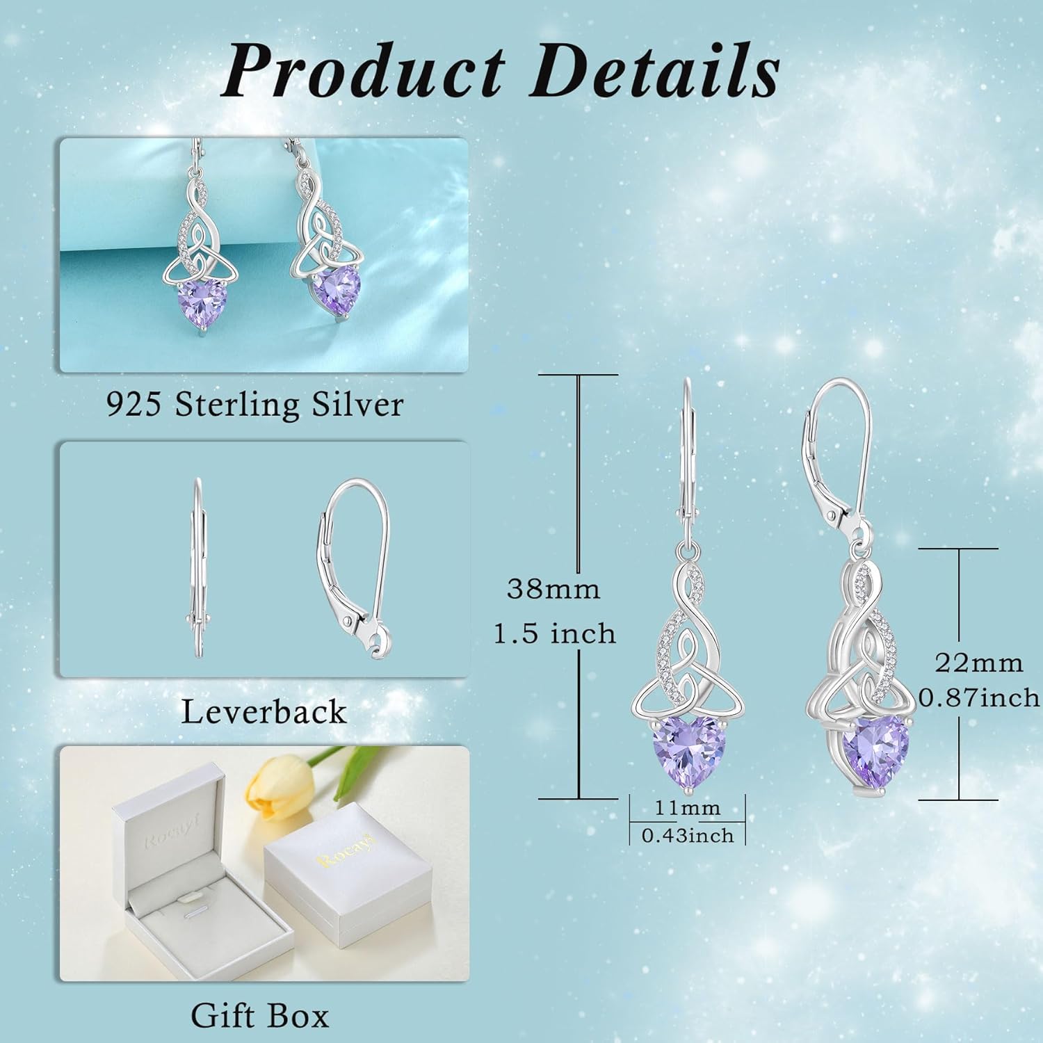 Infinity Celtic Knot Earrings 925 Sterling Silver Dangle Drop Leverback Earrings Birthstone Jewelry Gifts for Women - Image 6
