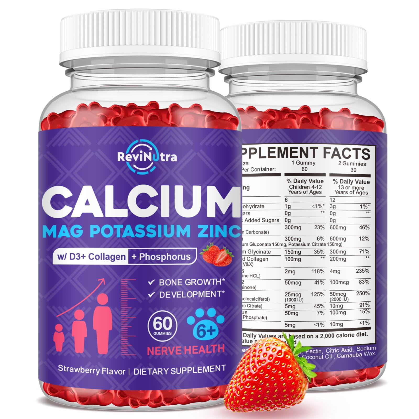Calcium Potassium Magnesium Gummies for Kids & Adults, with Hydrolyzed Collagen, Zinc, Phosphorus, Multivitamin for Sleep, Bone Strength, Density Support, Sugar Free, Strawberry Flavor 60 Gummies Strawberry 60 Count (Pack of 1)