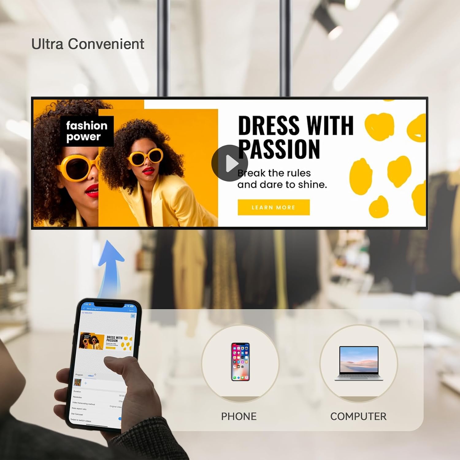 43" Ultra-Wide Commercial Bar Monitor – Slim 1.02", Frameless Design, 1000nits Brightness, Android OS, USB/HDMI/WiFi, Ideal for Digital Menus, Remote Multi-Device Management