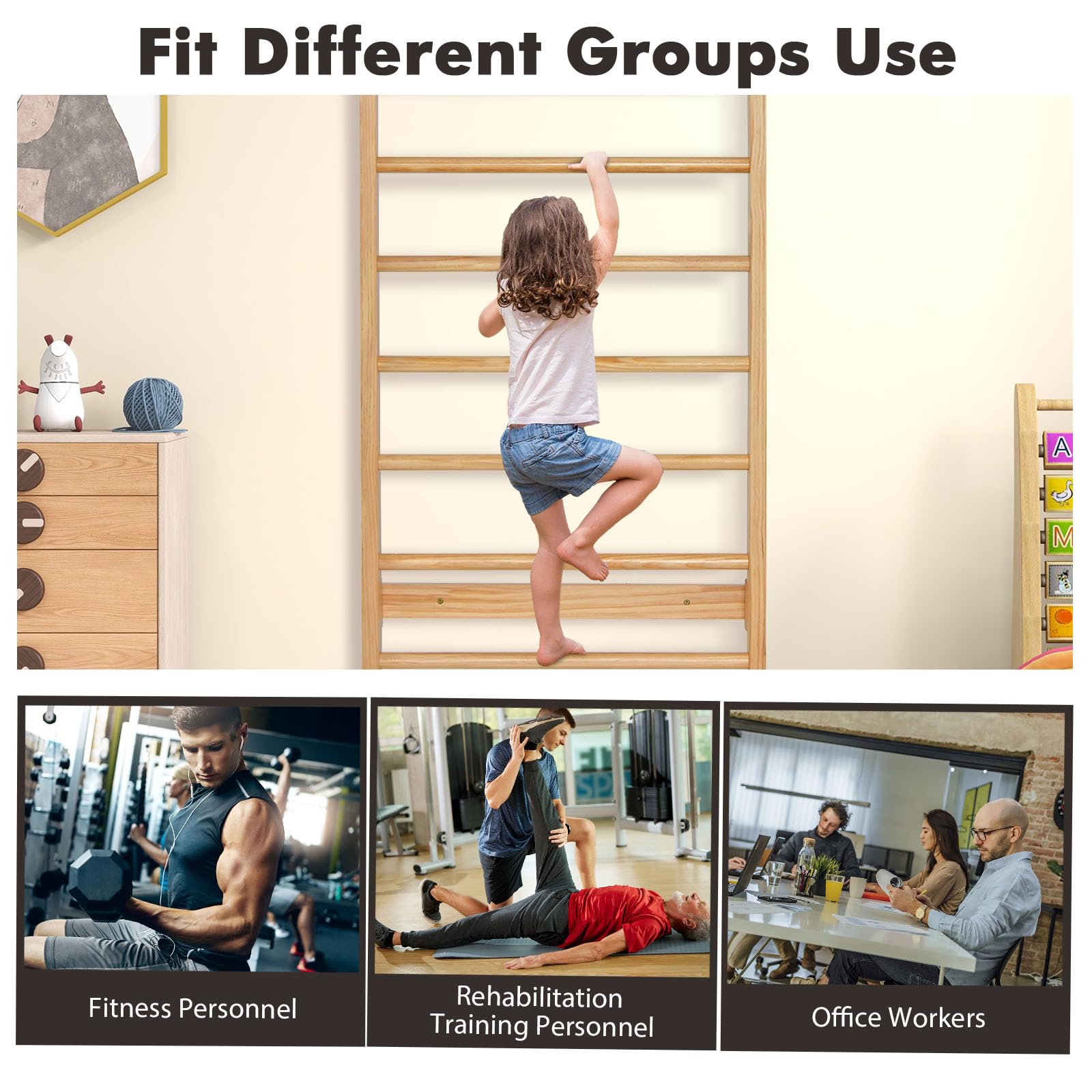 HOMASIS Barra de pared de madera sueca, Escalera para gimnasia y entrenamiento en interiores, pared de escalada para niños y adultos, Capacidad de carga máxima 100 kg, 81x14x195cm, Natural