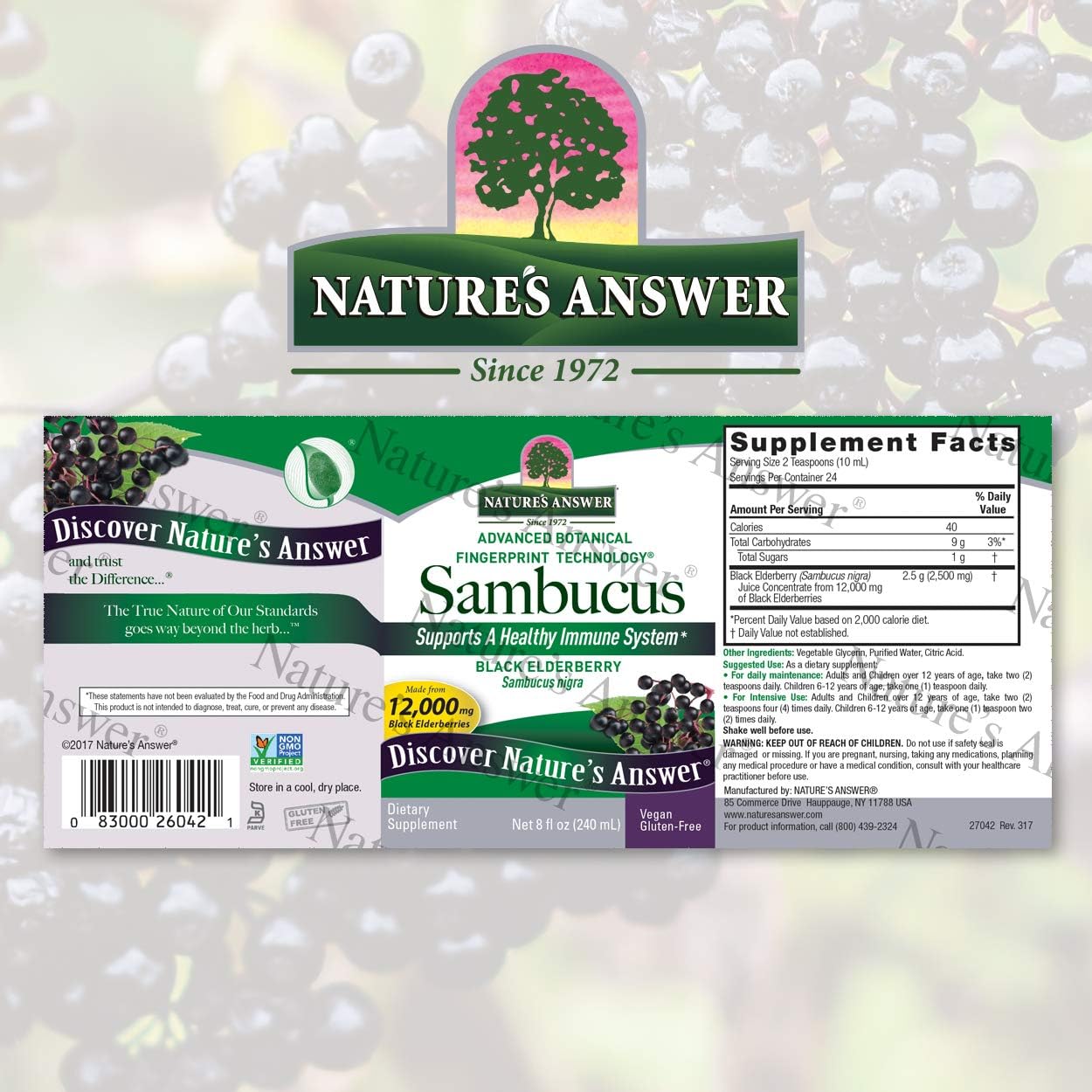 Nature's Answer Sambucus Black Elder Berry Extract Syrup in Plastic Bottle Alcohol-Free 8-Fluid Ounces | Daily Immune Support | Packed with Antioxidants | Family Friendly | Flue Season Defender