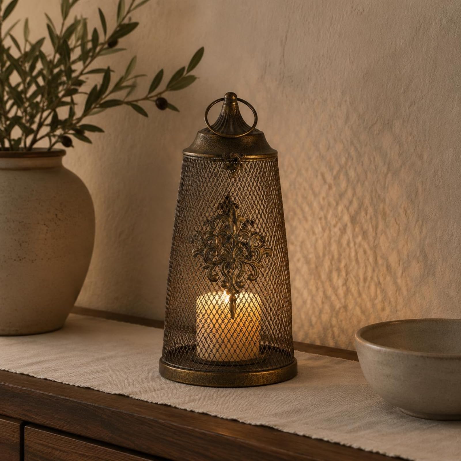 Vintage Kerzenhalter Laterne Metall Glas Antik Dekoratives Wohnaccessoire Stilvolles Ambiente für Schlafzimmer Flur Wohnzimmer, Hoch