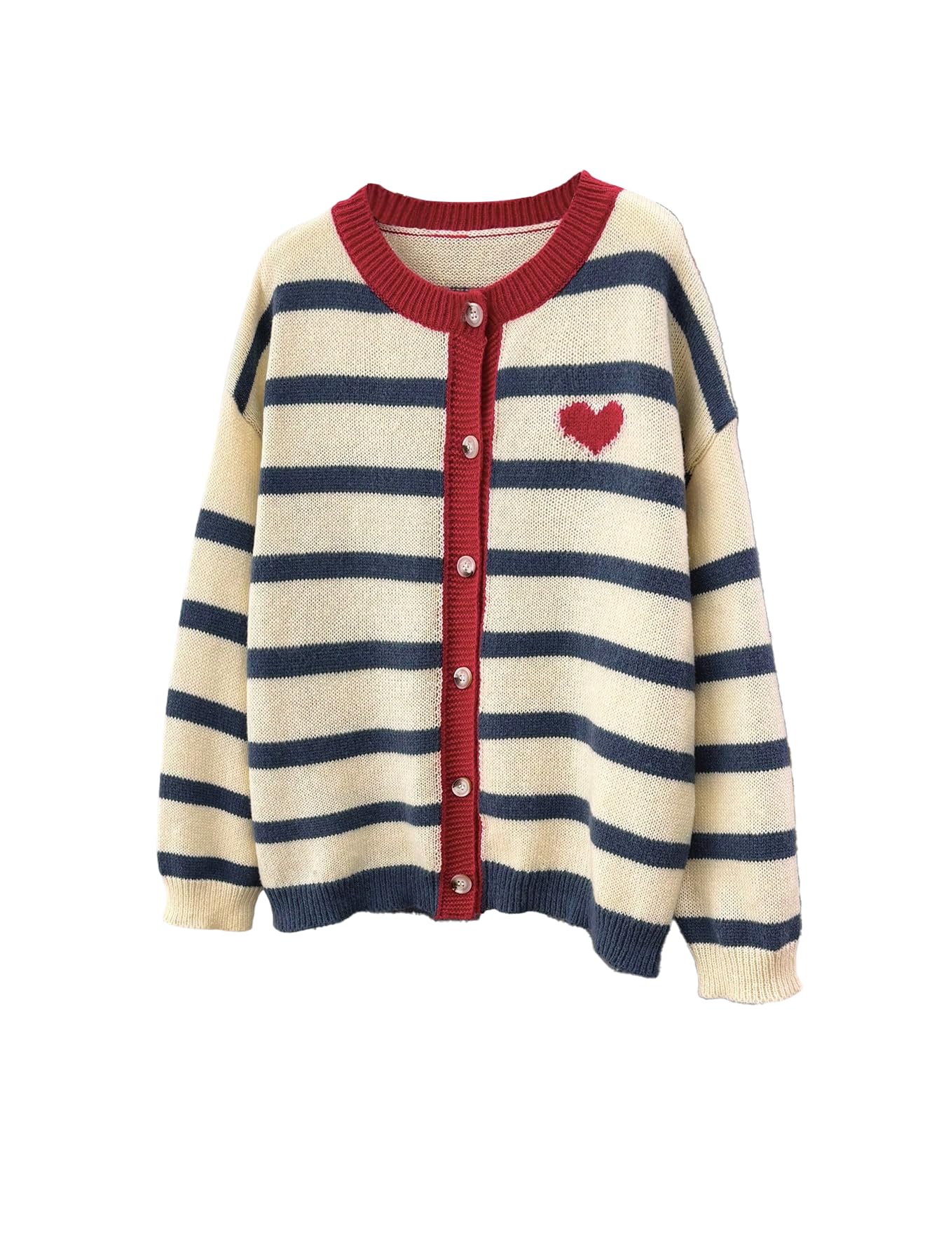 Womens 2025 Plus Size Striped Cardigan Sweater Heart Embroidery Button Down Long Sleeve Crewneck Fall Outerwear