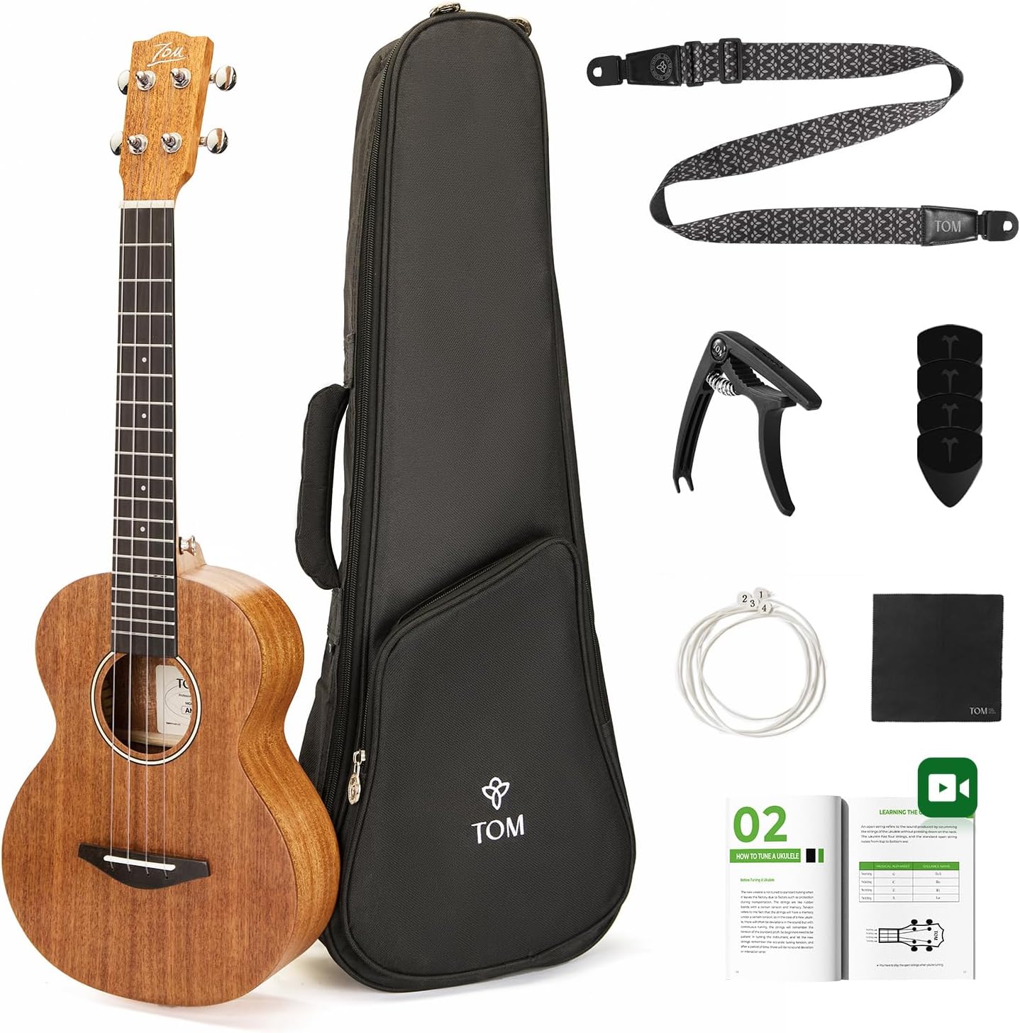 TOM 26" Solid Top Mahogany Tenor Ukulele – Beginner Kit Includes Quick Locking Strap for Kid & Adult, Professional Ukelele with Deep Tone & D’Addario Strings (AM3-T)