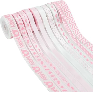 HUIHUANG Baby Girl Pink Ribbon for Baby Shower Its Girl Pink Ribbons Assorted Satin Ribbon for Gift Wrapping Crafts Diaper Cake Baby Shower Party Birthday Favor-5 Yards Each Total 50 Yards