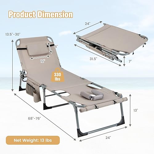 Miniatura 3 de Giantex Silla bronceadora, silla de playa de 330 libras con 5 posiciones ajustables, agujero para cara y brazo, correa para manoshombros, almohada