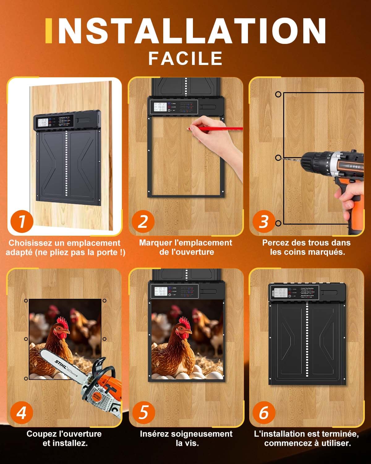 Porte Automatique Poulailler avec Écran LED et Minuterie 24h, Grande Trappe Poulailler Automatique en Aluminium IPX5 Résistante à l’Eau, Anti-Pincement, pour Poules, Canards et Poussins