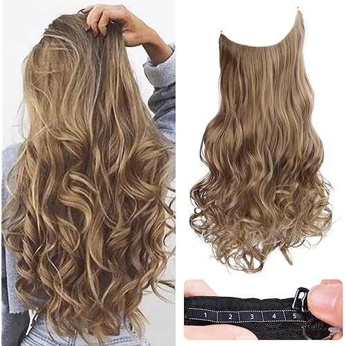 REECHO Invisible Wire Hair Extensions with Transparent Headband Adjustable Size Removable Secure Clips in Curly Wavy Secret Hairpiece for Women 18 Inch - Dark Blonde
