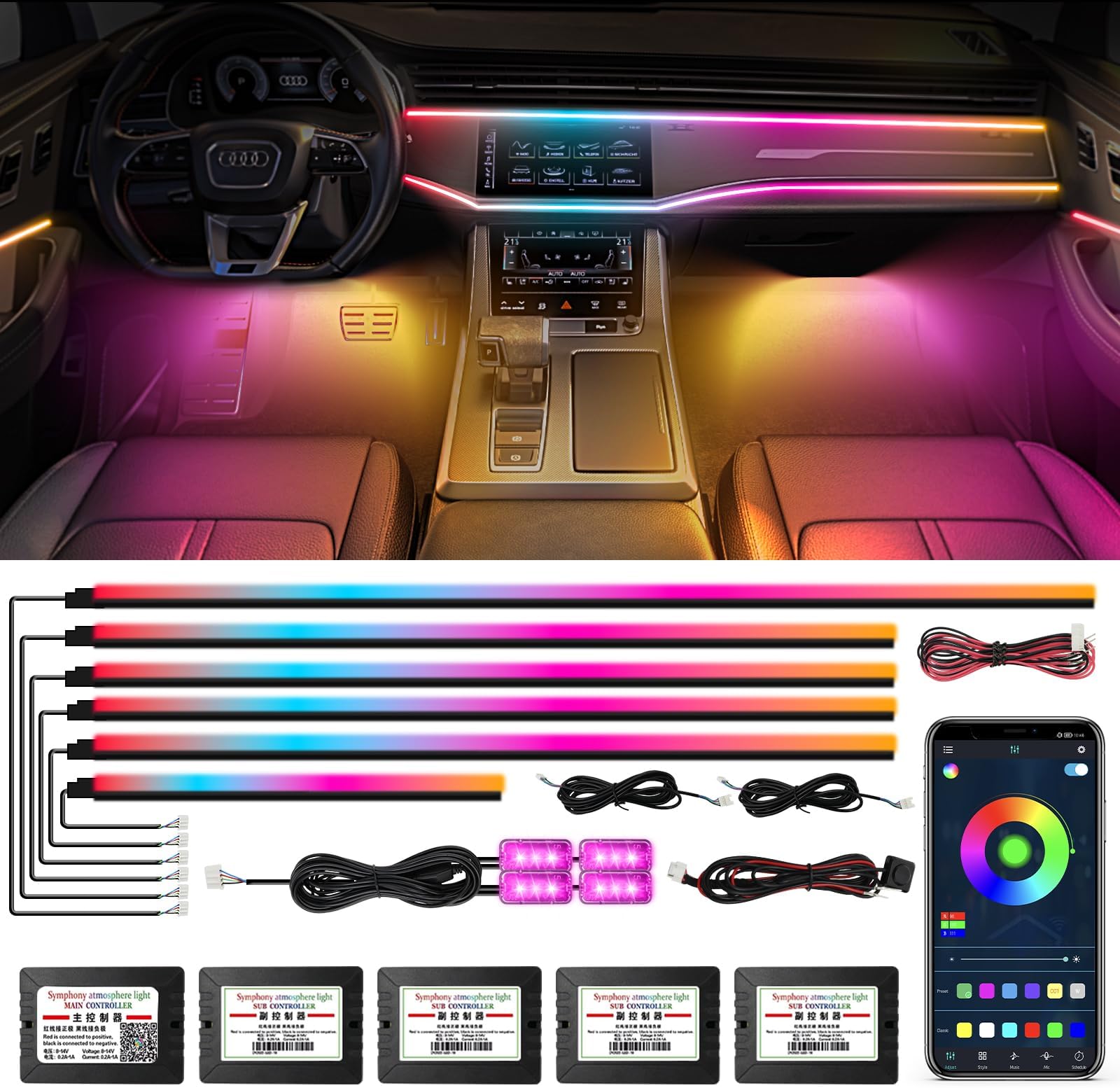 Dreamcolor Acrylic Interior Car Light 10 in 1 Automotive Ambient Light Kits with APP Control 16 Million Color 175 inches Fiber Optic Car LED Strip Light, RGB Music Sync Sound Activated Neon Light Kits