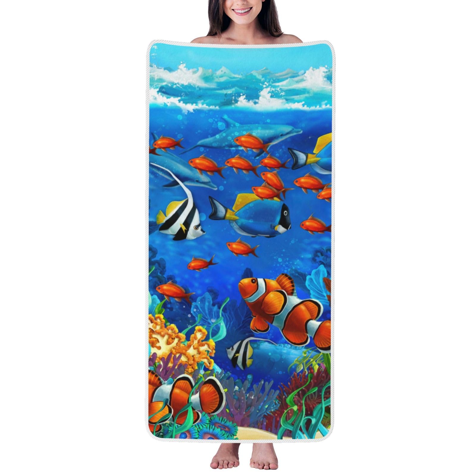 JBJGKHLP Ocean Tropical Fish Coral Undersea World Print Women Men Couples Coral Velvet Bath Towel Ultra-Soft For Home Bathroom Travel