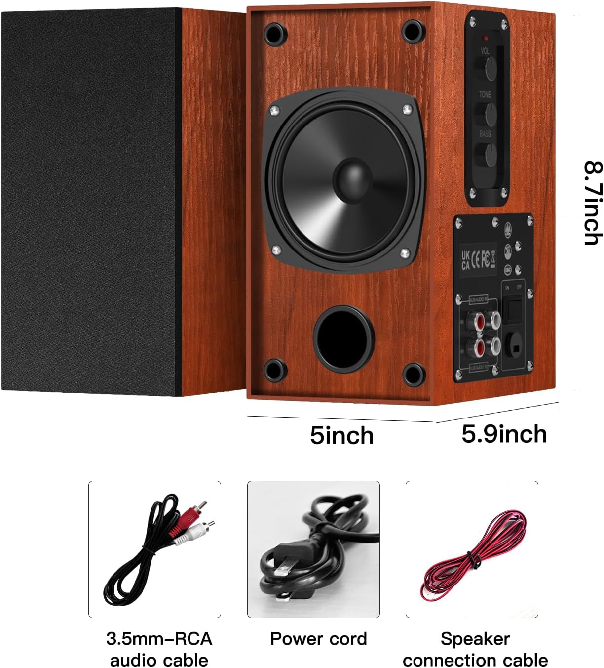 Powered Bookshelf Speakers, 30W X 2 Turntable Speakers with 4 Inch Woofer, Record Player Speakers with AUX Input for PC and TVs,Wood Grain Color for Wall Mounting - Image 7