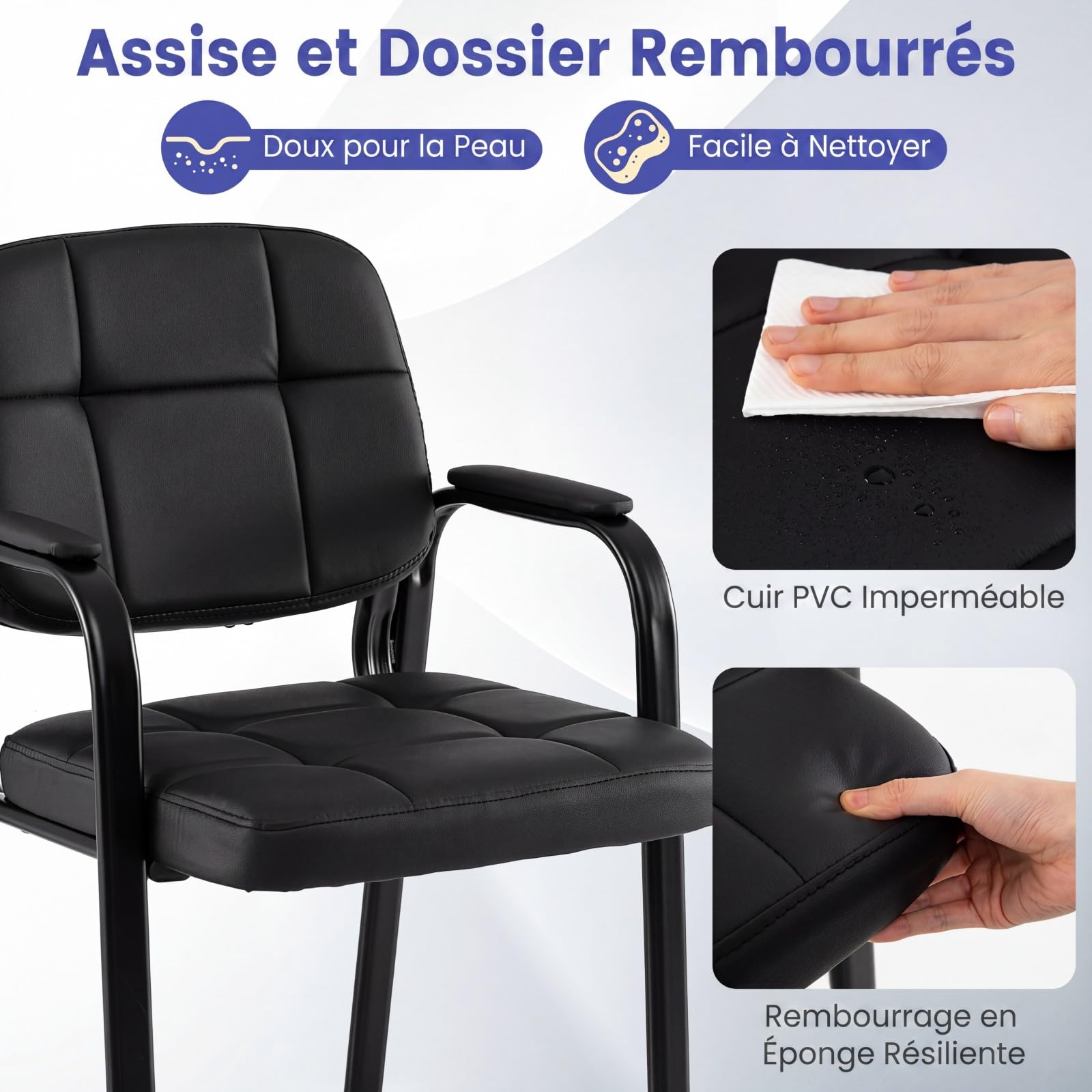 COSTWAY Lot de 2 Chaises Salles de Réunion, Chaises de Bureau en Cuir avec Accoudoirs Rembourrés, Structure Métallique, Fauteuil Lecture pour Salles de Conférence, Réception, Charge 150 kg, Noir
