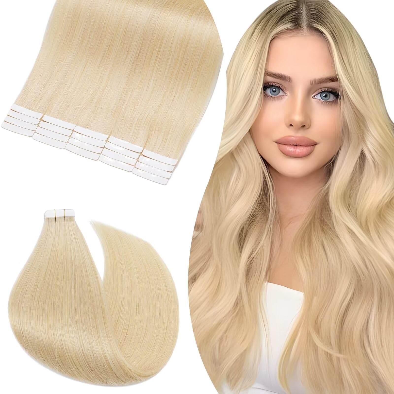UK-Fashion-Shop Tape in Hair Extensions Human Hair Remy Real Hair 16 Inch (20 pcs) #613 Bleach Blonde50g Skin Weft Straight Natural Invisible