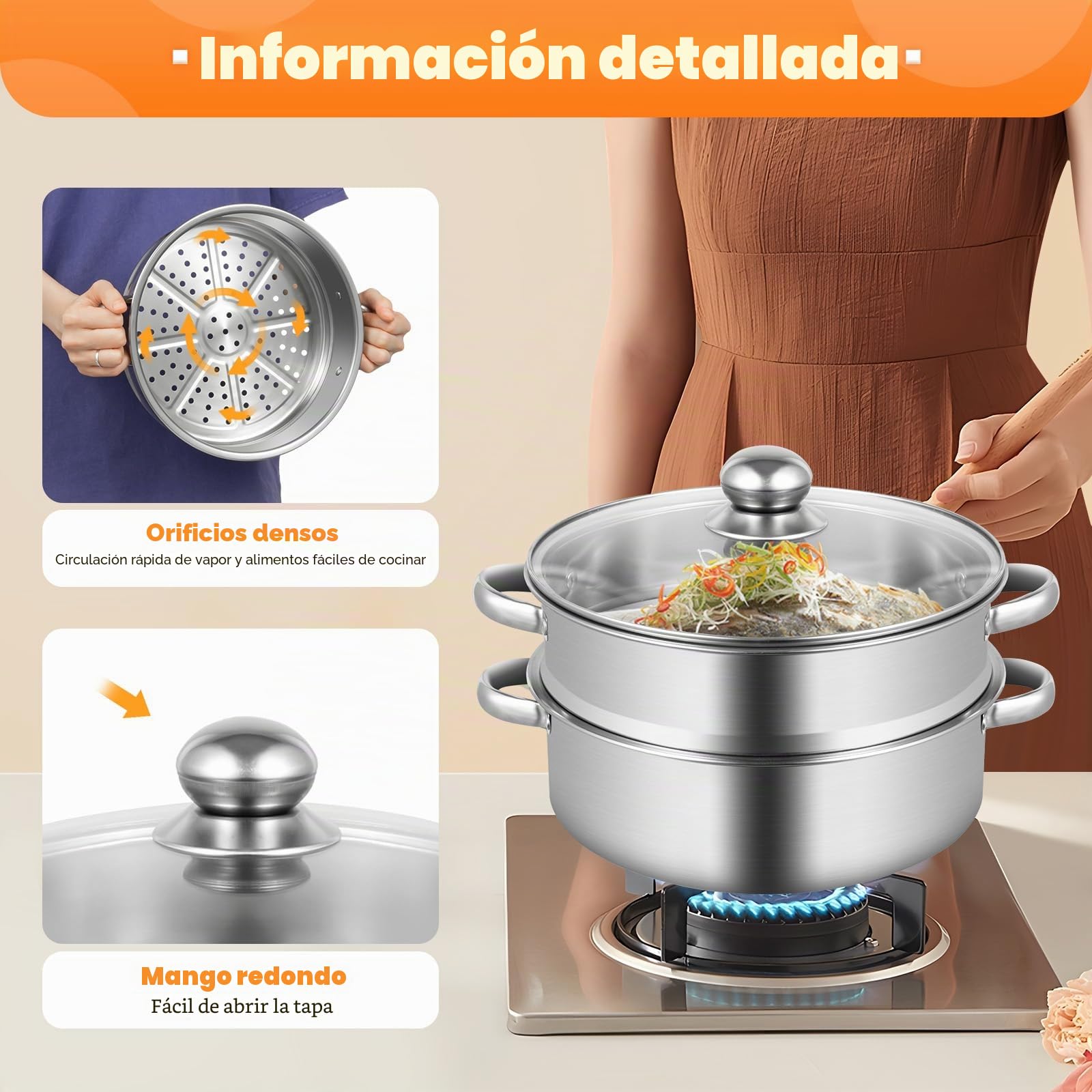 Vaporera de 5 niveles, acero inoxidable, vaporizador, apilable, diámetro de 26 cm, olla de vapor, olla con sartén y tapa de cristal, para cocinar (plata)