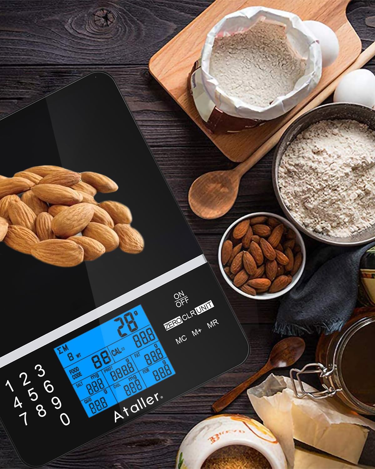 Ataller Food Scale showing the process of saving and clearing nutritional data using the M+ and MC buttons.