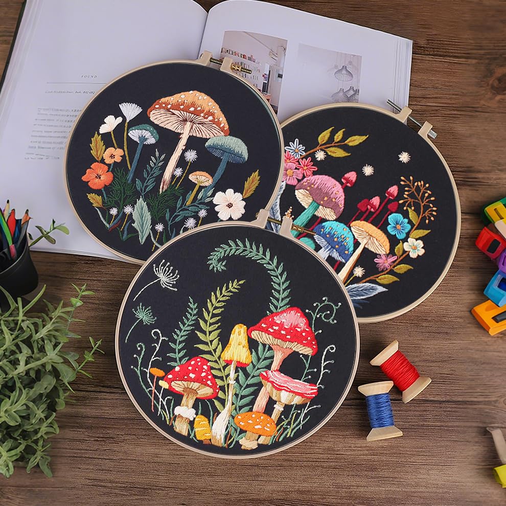 Image of KEKEMEOW 3 Sets Embroidery Kit for Beginners, Stitches with Colorful Mushrooms Embroidery Stitch Practice kit for Adults Craft Lover, Cross Stitch Kit with Pattern、Instruction、Hoop
