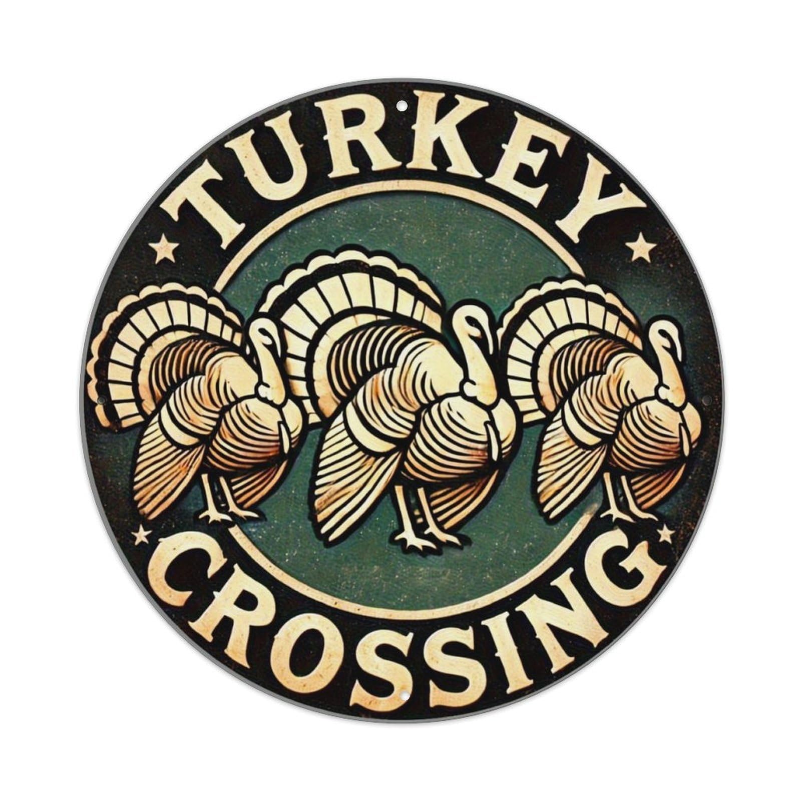 Turkey Crossing Sign Pattern Print Retro Metal Sign Round Tin Sign, Vintage Decor Art Poster for Bar, Home, Man Cave, Kitchen, Laundry Room Gift 8x8Inch