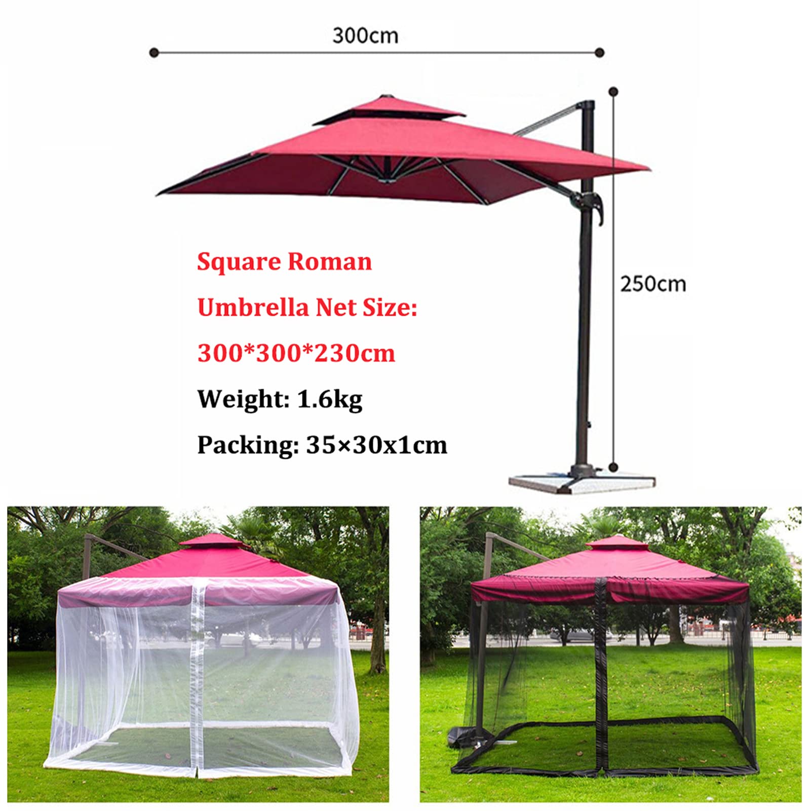 Zanzariera per ombrellone da esterno, con cerniera, per gazebo, tavolo, baldacchino quadrato, 3 x 3 m (300 x 300 x 230 cm), protezione dagli insetti nera