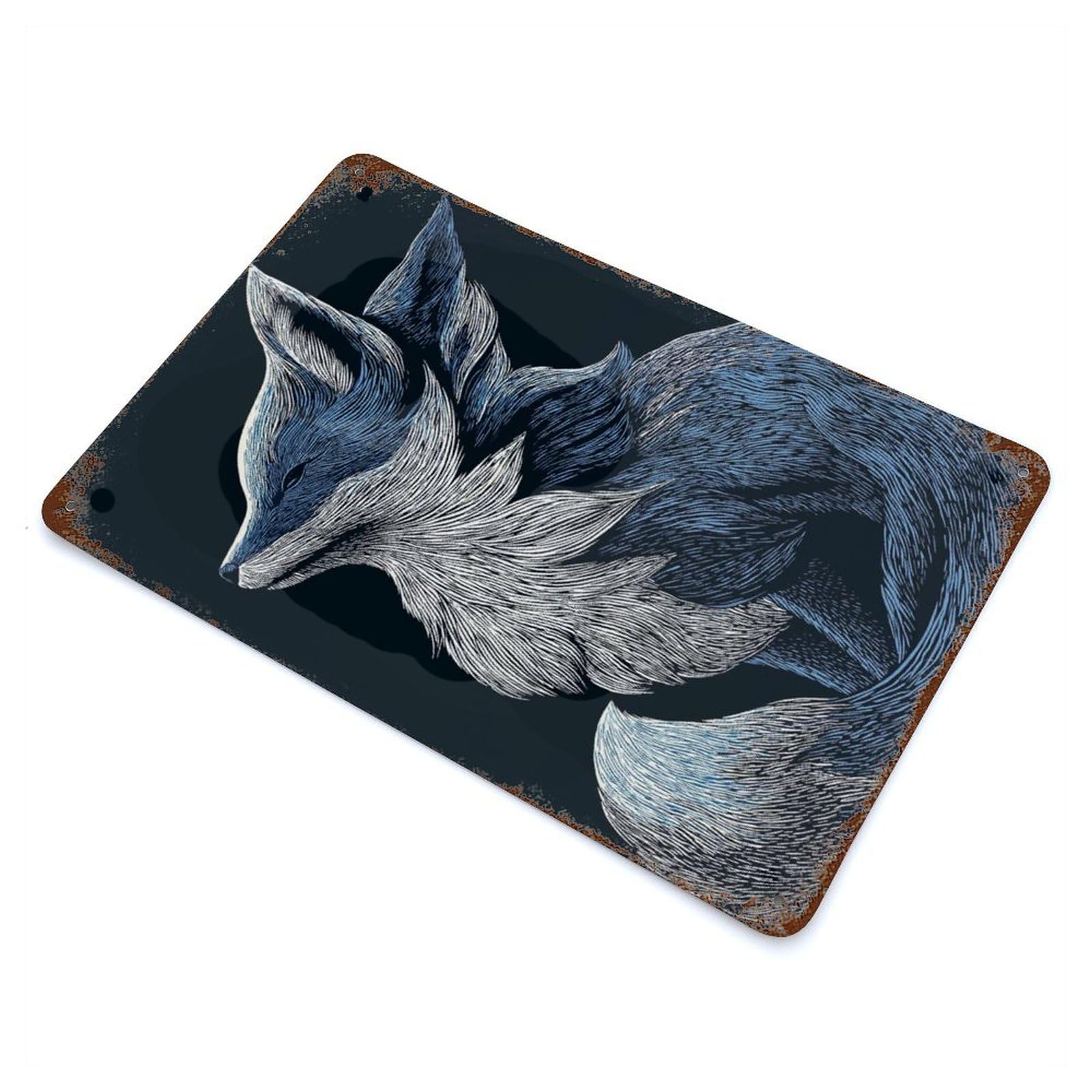 Blue And Fox Illustration Weathered Tin Sign 11.8"x7.9", for Garage, Bar And Workshop Decor, Vintage Wall Decor