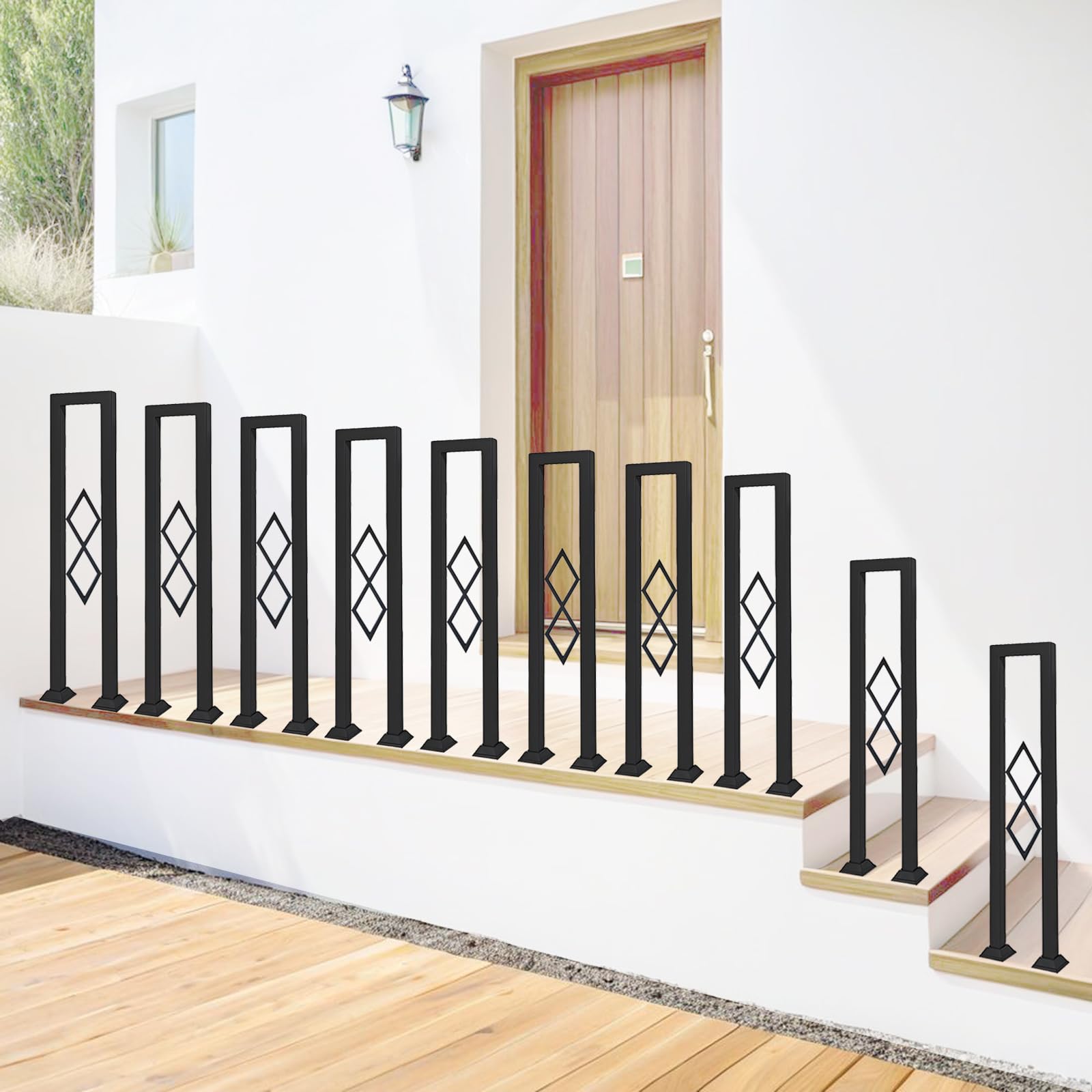 Ringhiera per Scale Forma di U, Metallo Corrimano con Diamante e Base Coperta, Passamano Interna per Loft, Balcone, Balaustra Esterna, Installazione Verticale (Nero, 90cm)