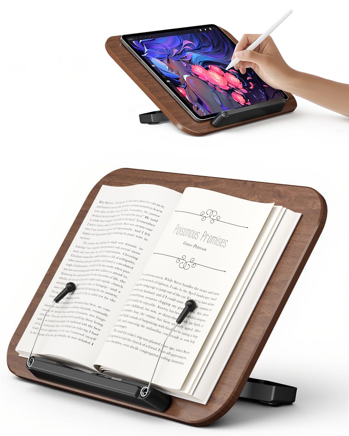 SupeDesk Buchständer, verstellbarer Holz-Buchhalter Leseständer, faltbarer Book Stand mit buchschonender Silikon-Seitenclip, langlebiger Kochbuchhalter, Präsentationsständer für Schule, Büro, Küche