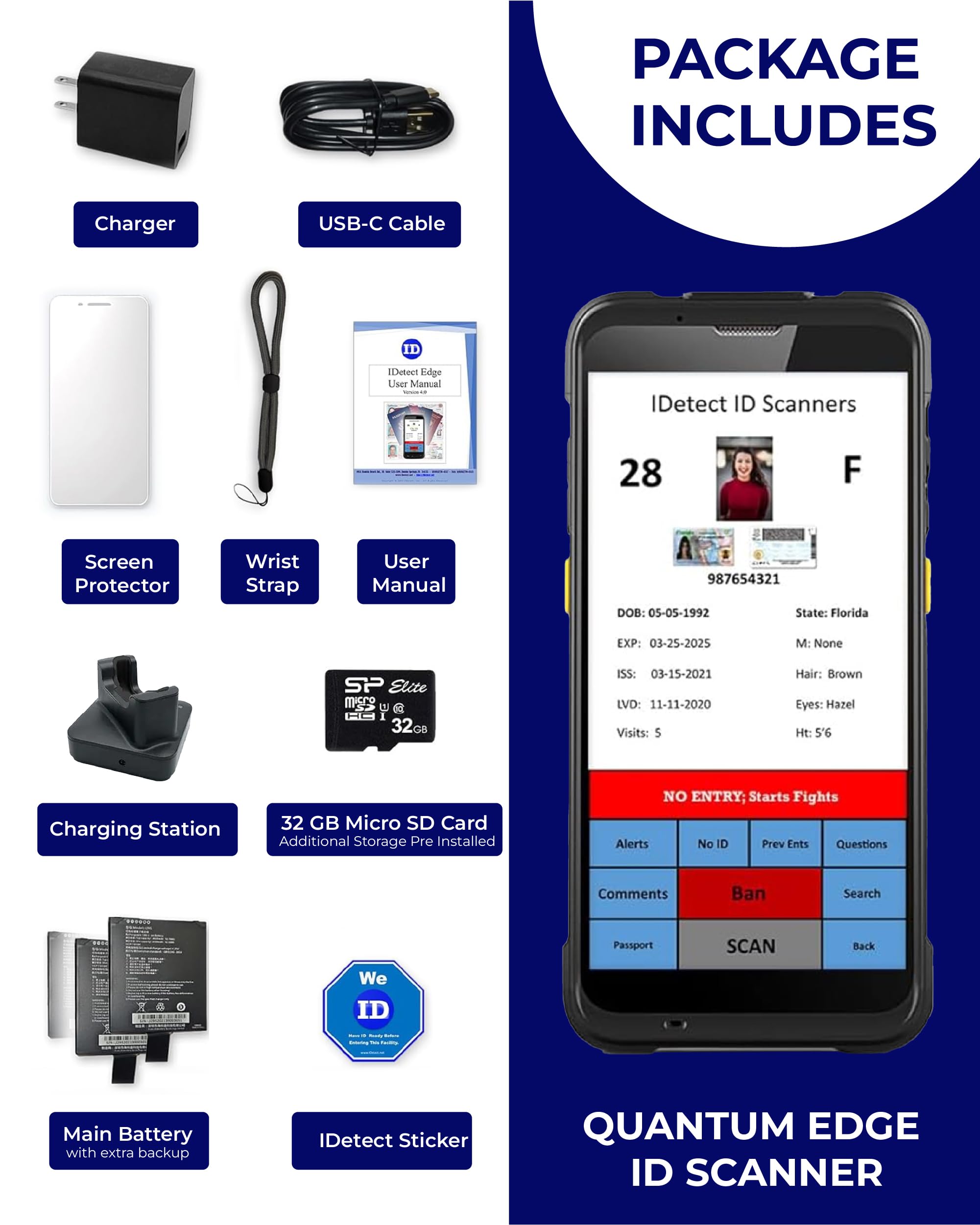 IDetect Quantum Edge ID Scanner V2 - Verificación de la edad del pasaporte y licencia de conducir y gestión de clientes - Incluye escáner de mano, funda de transporte exterior y accesorios - POS ID y