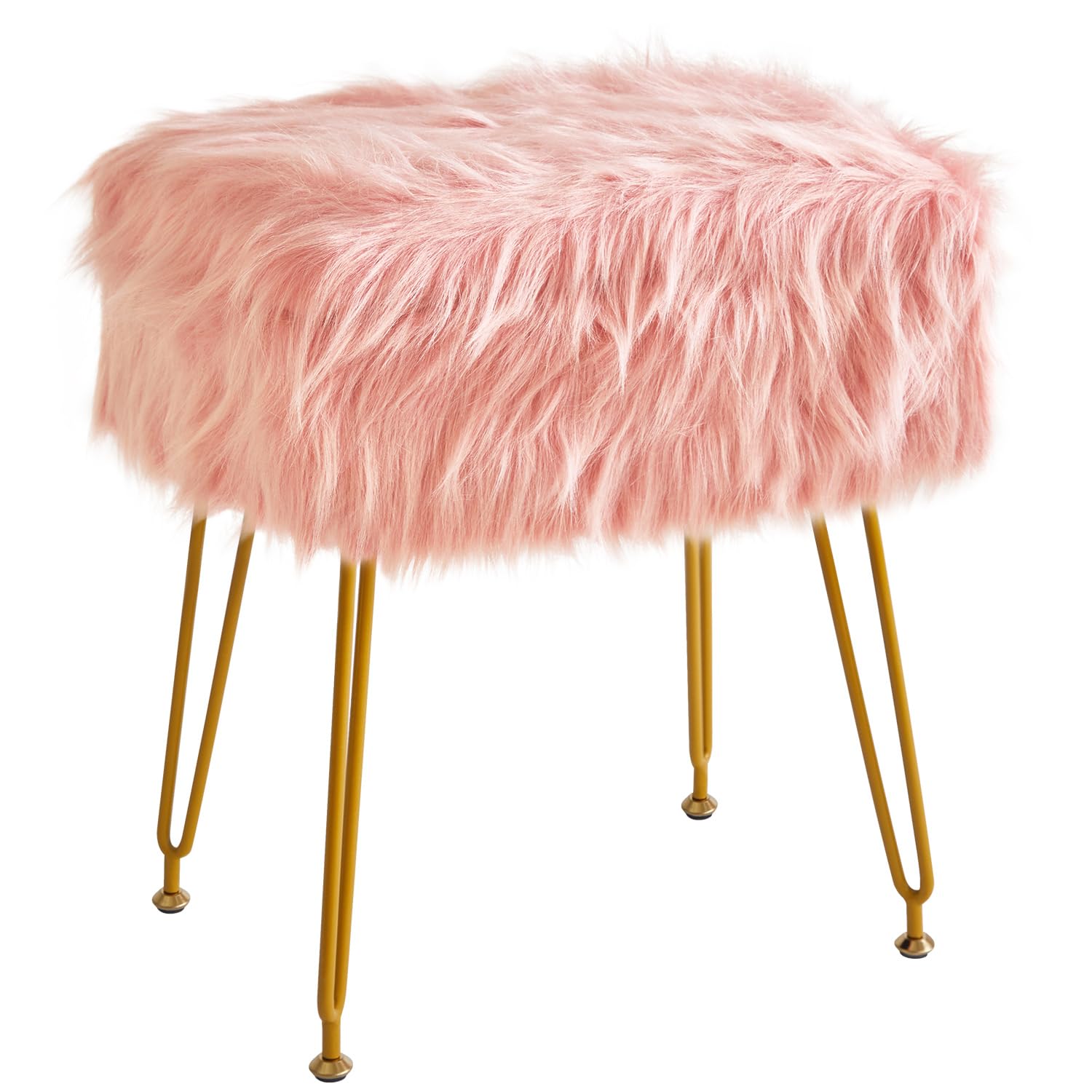 IBUYKE Rectangular Faux Fur Vanity Stool con Almacenamiento, Silla de Maquillaje Peluda otomana, Asiento Acolchado Suave, reposapiés Redondo con 4 Patas de Metal, Rosa WBD022P
