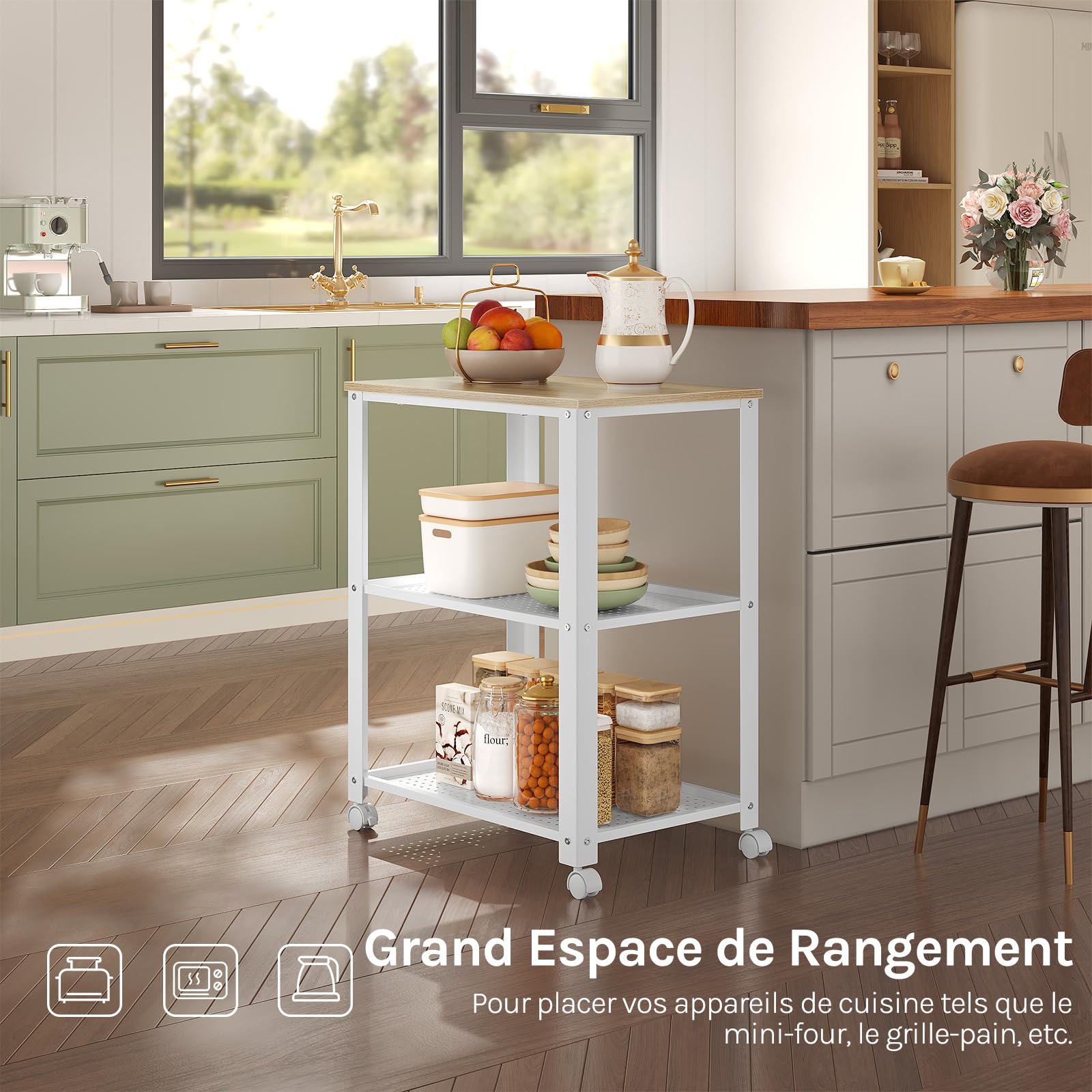 WOLTU Chariot de Cuisine Chariot de Service étagère de Cuisine en métal et MDF, Desserte de Cuisine à roulettes Style rétro, 60x40x76cm (Blanc + chêne Clair)