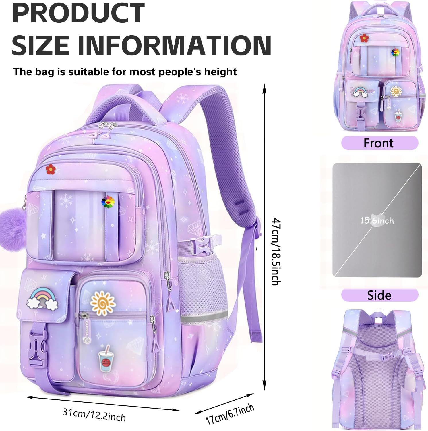 Large Capacity Backpack For Girls - Gradient Purple Waterproof School Backpack Widened Shoulder Straps Bookbag Soft Honeycomb Back School Backpacks With Plush Pendants And Pencil Cases
