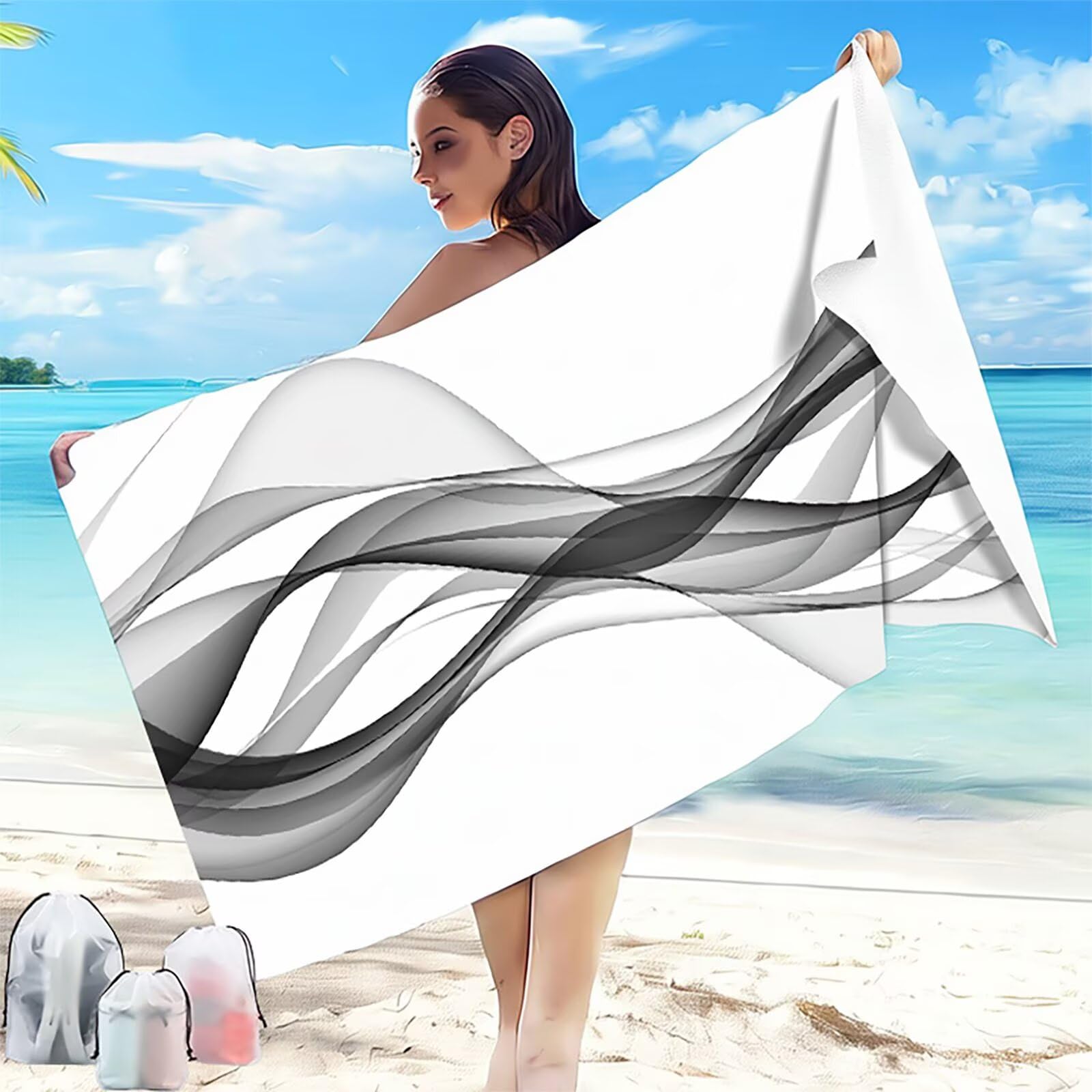 Microfiber Beach Towel 32x64 in Black Oversized Quick Dry Sand Free Soft Compact Lightweight Qualities, Summer Beach Towels for Adults Ldeal for Swicming Yoga Camping Gym Shawl Shawl Line 0-O