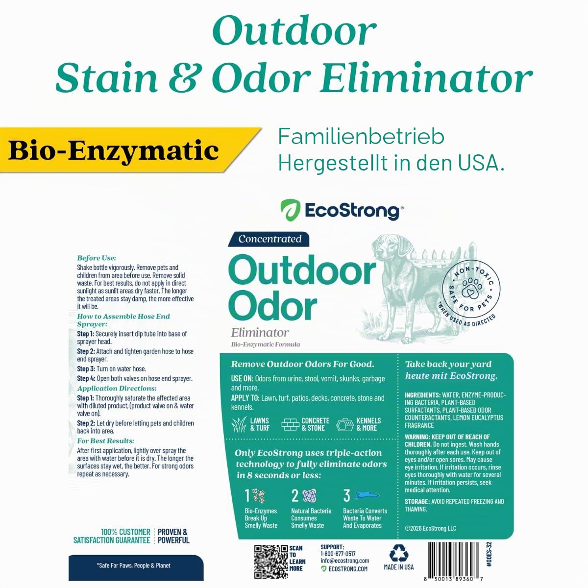 Eco Strong Outdoor-Geruchsbeseitiger | Outdoor-Urin-Enzym-Reiniger für Hunde, Katzen, Tierduft, professionelle Stärke für Hof, Rasen, Zwinger, Terrassen, Decks (900 ml)