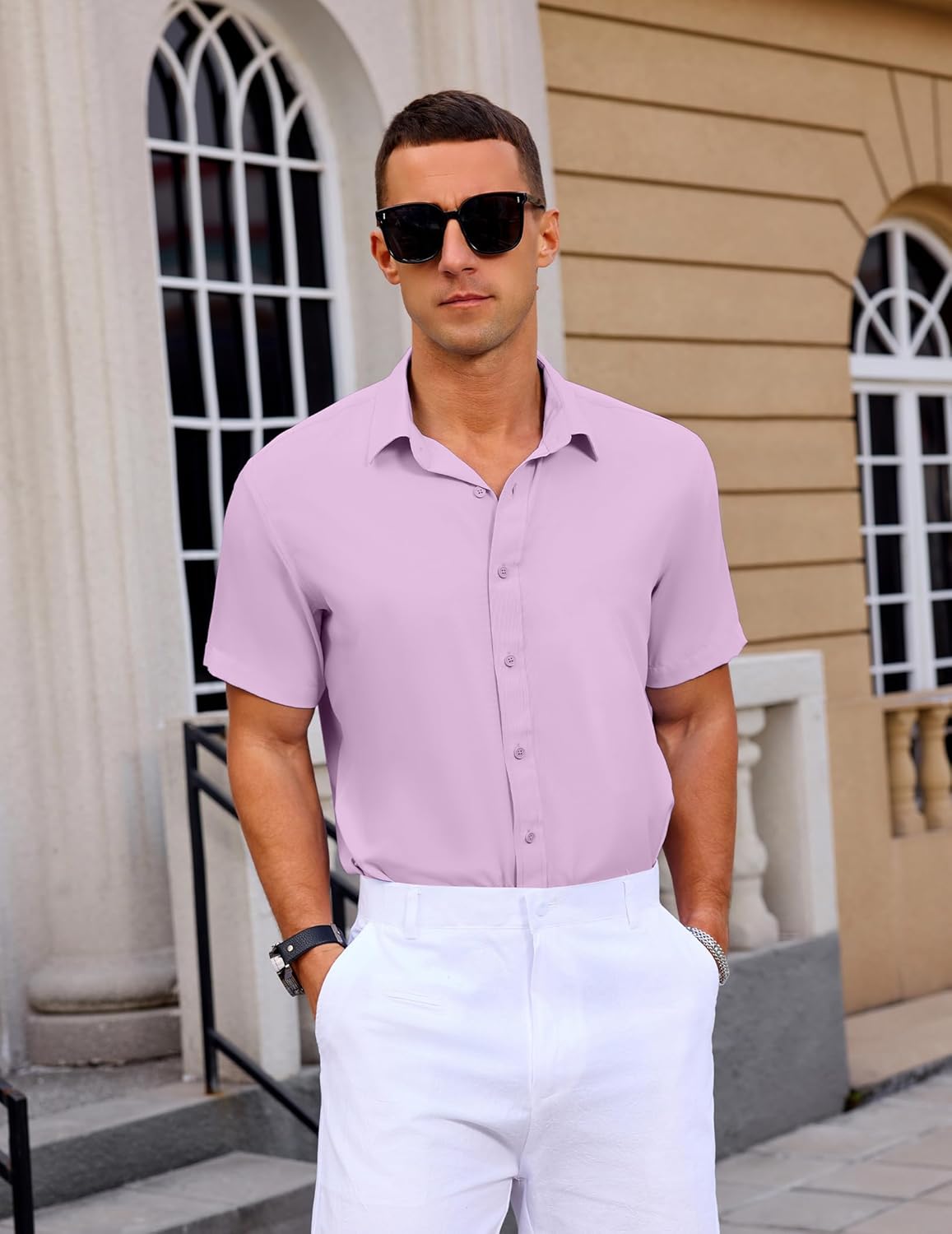 Mens Button Down Short Sleeve Shirt Casual Summer Wedding Untucked Dress Shirts - Image 4