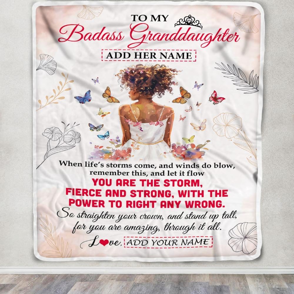 Personalized to My Badass Granddaughter Blanket from Grandma Grandpa Floral Butterfly African Afro Girl Granddaughter Birthday Gifts Christmas Fleece Blanket (30 x 40 in Baby Size)