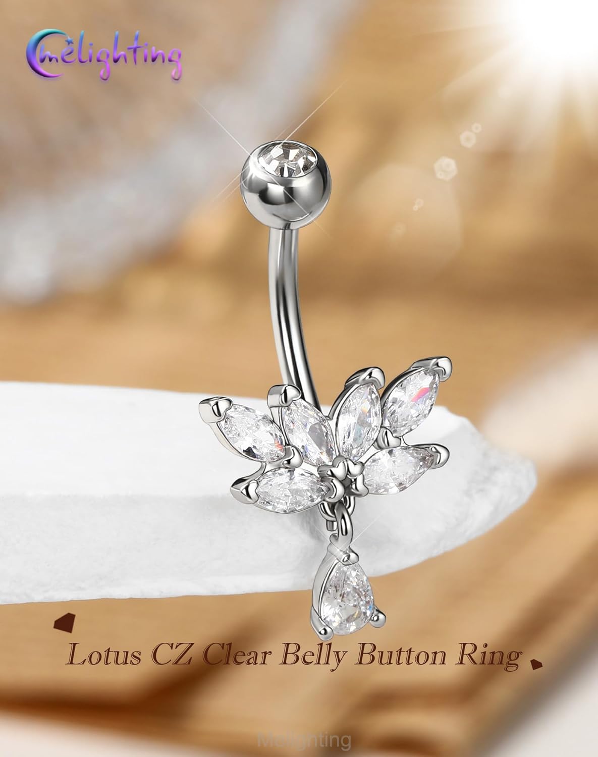 Melighting 14G Lotus Belly Button Ring Stainless Steel 316L Dangle Navel Piercing Jewelry Marquise CZ Belly Bar 10 mm Silver Body Jewellery for Women - Image 6