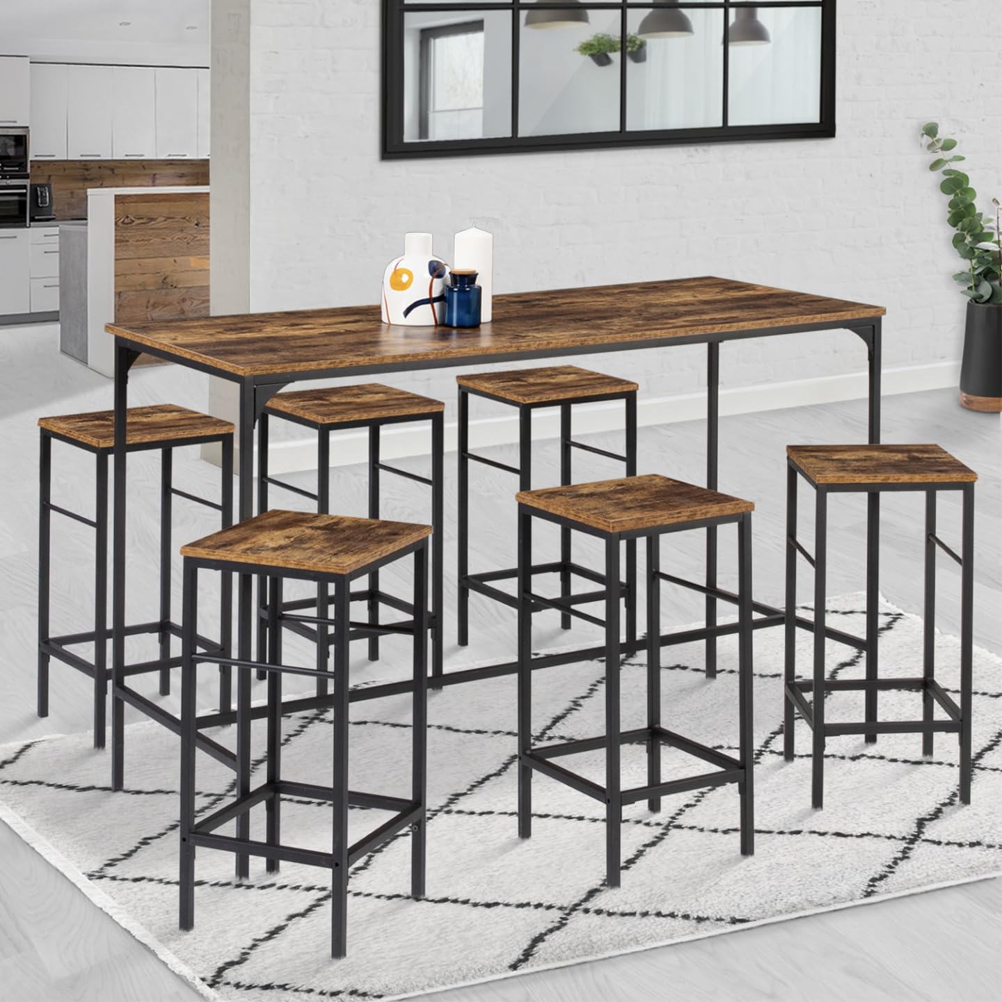 IDMarket - Ensemble Table Haute de Bar Dayton 150 cm et 6 tabourets Effet Vieilli Design Industriel