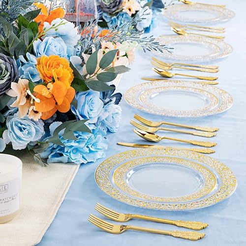 Miniatura 5 de COLOSUS 150 platos de encaje de plástico negro con estampado dorado, juego de vajilla desechable para fiesta, 30 platos llanos, 30 platos de