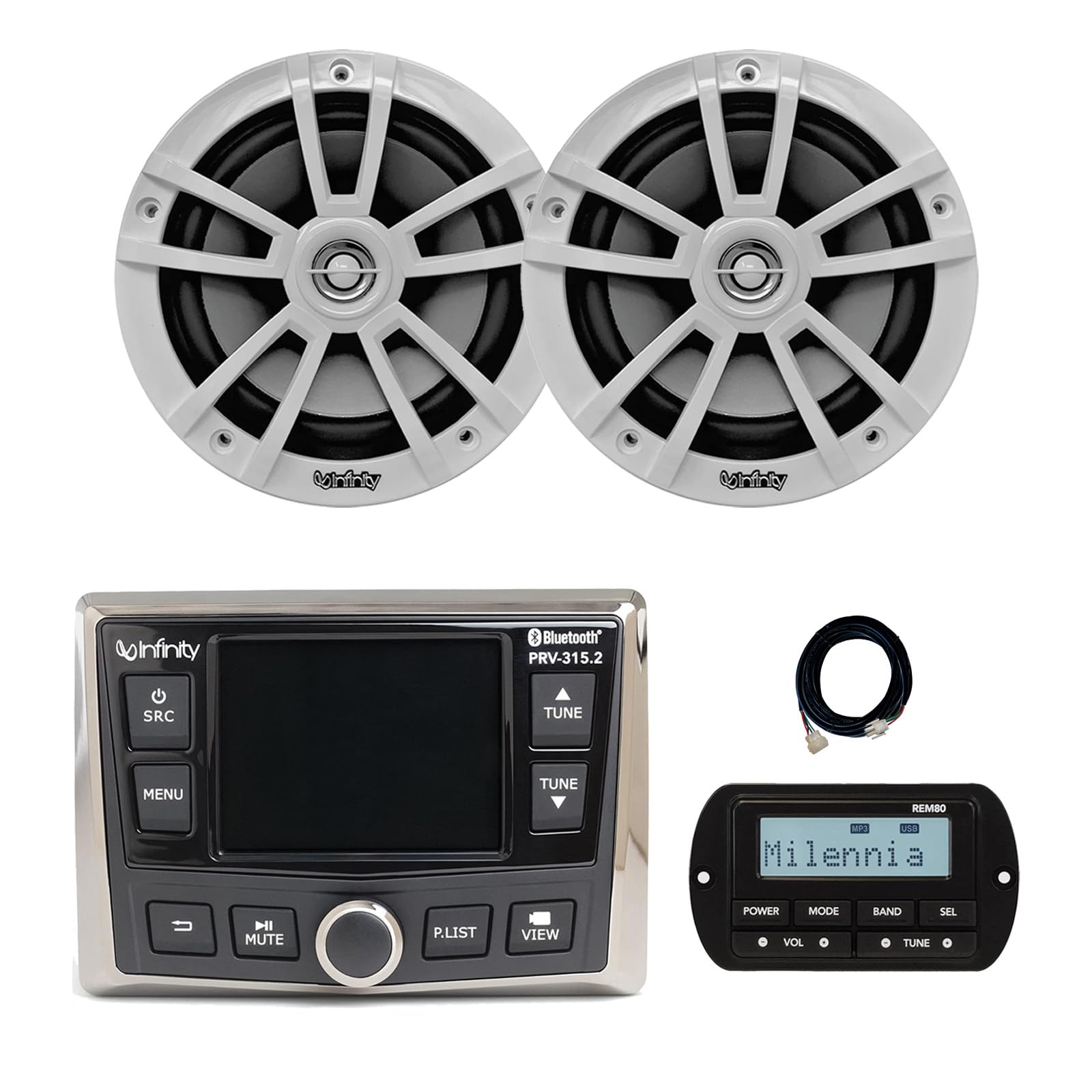 Infinity PRV-315.2 Marine Gauge Hole Mount USB Bluetooth AM/FM/WB Radio Receiver, Wired Remote, 20 ft Extension Cable, 2x 6.5