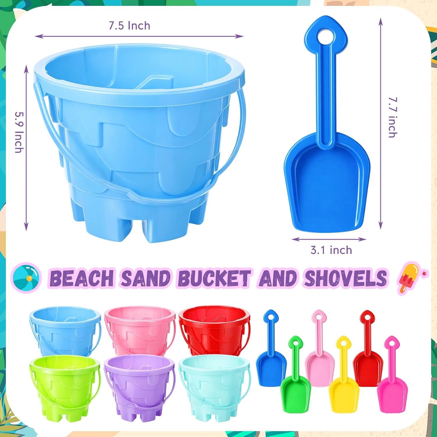 6 Set Beach Sand Buckets and Shovels, Include Sand Pail Bucket 6 Colors with Castle Design Inside and Shovels for Boys Girls Summer Party (7.5 x 5.9 Inch)