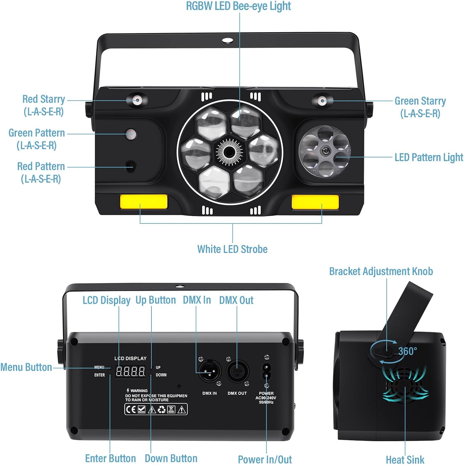 Telbum DJ Party Lights, 80W 6IN1 LED DJ Disco Light DMX & Remote Control, RGBW Bee-Eye Effect - Multi Patterns - White Strobe Effect, Sound Activated Stage Light for Wedding Dance Gig Bar Rave