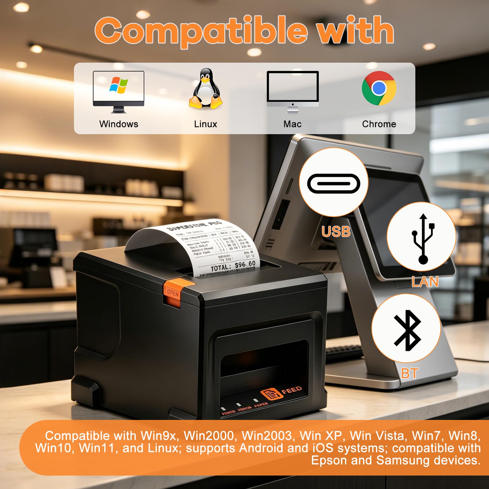 Bondrucker 80mm, Versandetiketten Drucker, USB & Bluetooth& LAN Verbindung | Etikettendrucker, 220mm/s, Inkl 5 Rollen Papier, Für Gastronomie & Einzelhandel, Unterstützung von ESC/POS