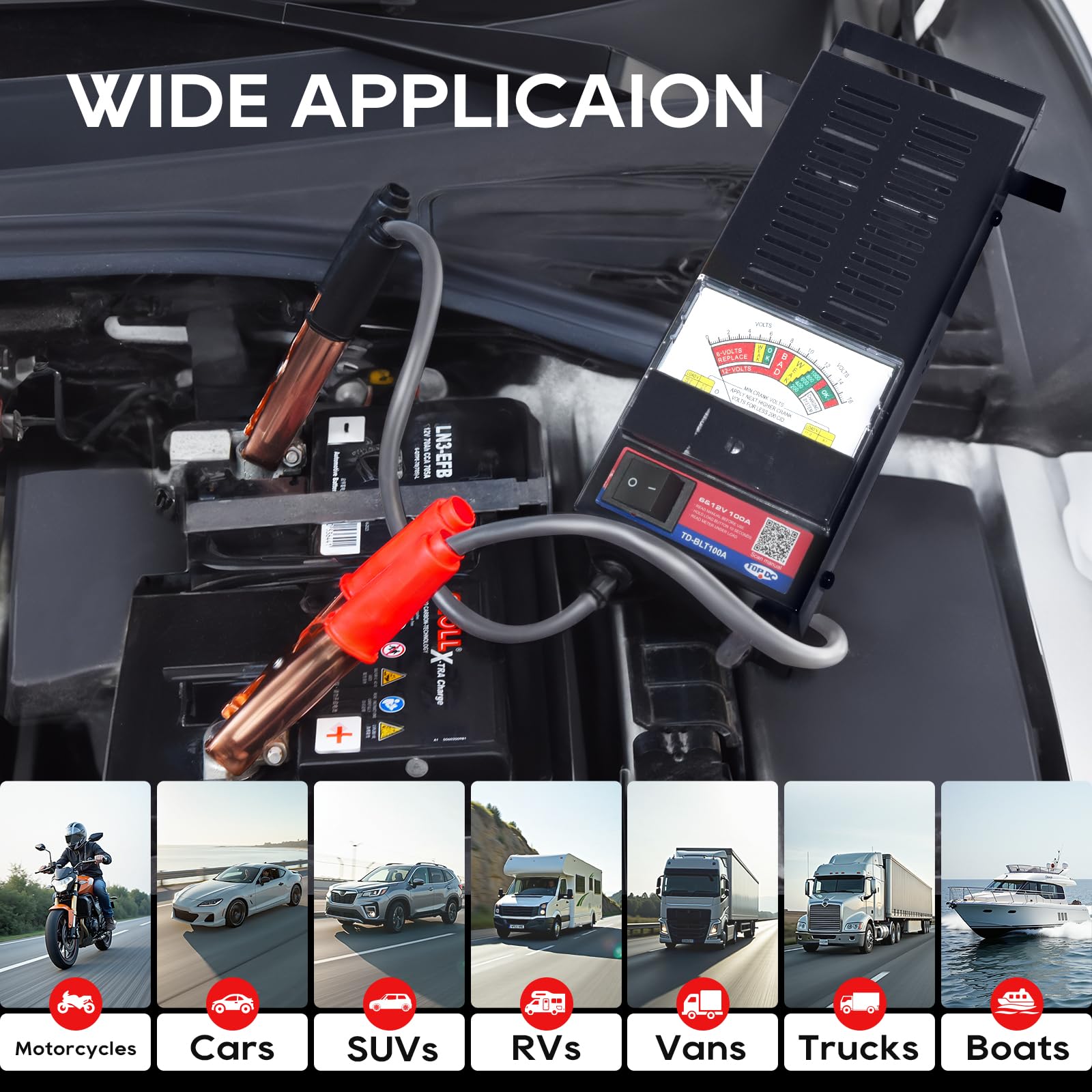 TOPDC Comprobador de batería de coche 6V/12V 100-1000 CCA, 100 A, 100 A, para coche, caravana, moto, ATV, barco
