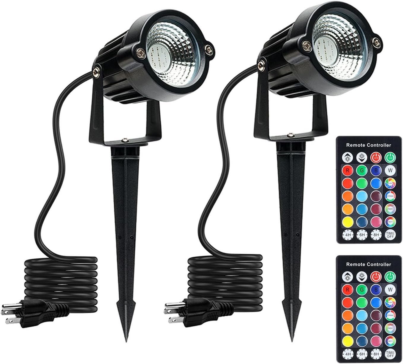 SHOYO Spotlights Colored with Timer, Outdoor Yard Spot Lights 120V RGB Waterproof Memory Dimmable Uplights with Spiked Stand for Flags Lawn Porch Backyard, 2 Lights