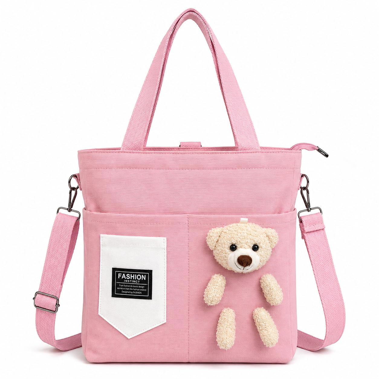 brogbus Canvas Tote Bag for Women with Teddy Bear Charm Adjustable Sling Strap, Zipper Closure, College Travel Shopping Bag-picture-10