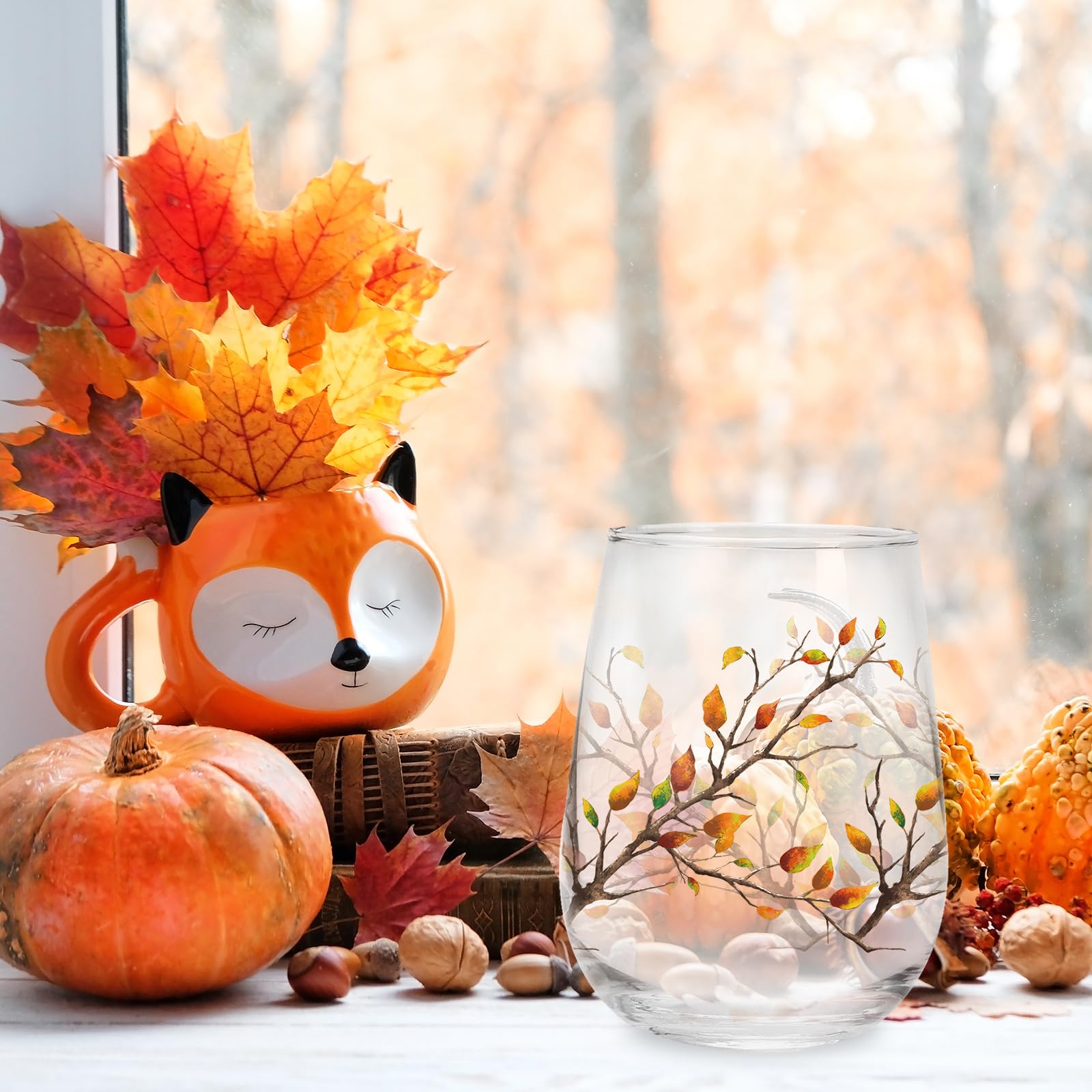 Whaline 2Pcs Fall Stemless Wine Glasses 17oz Watercolor Maple Leaf Drinking Glasses Fall Leaves Print Tumbler Cups Autumn Party Cups for Fall Thanksgiving Party Supplies Kitchen Decorations Gifts