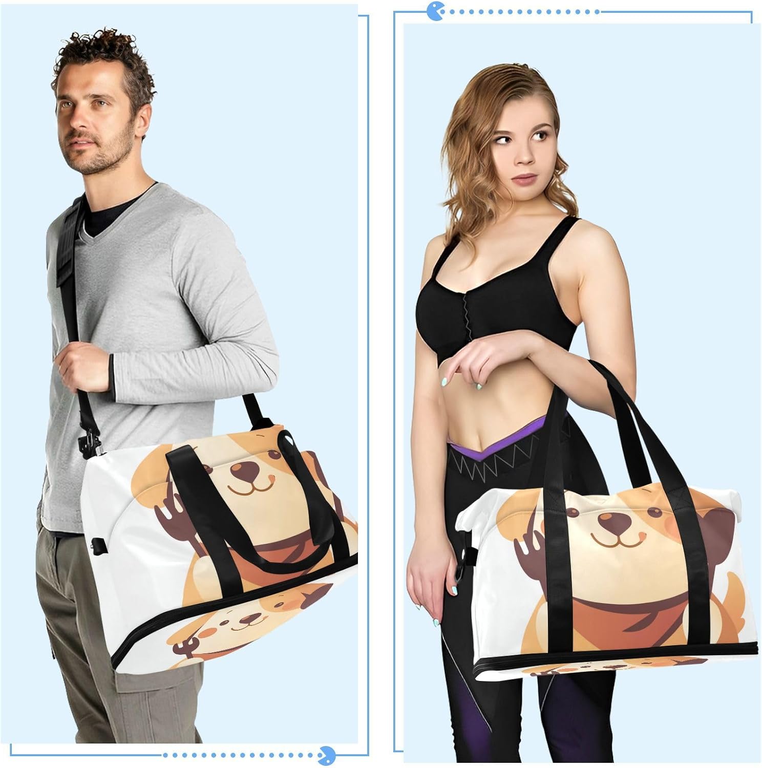 Cute Cartoon Dog Sports Tote Gym Bag Carry On Personal Item Bag with Toiletry Bag for Sports Foldable